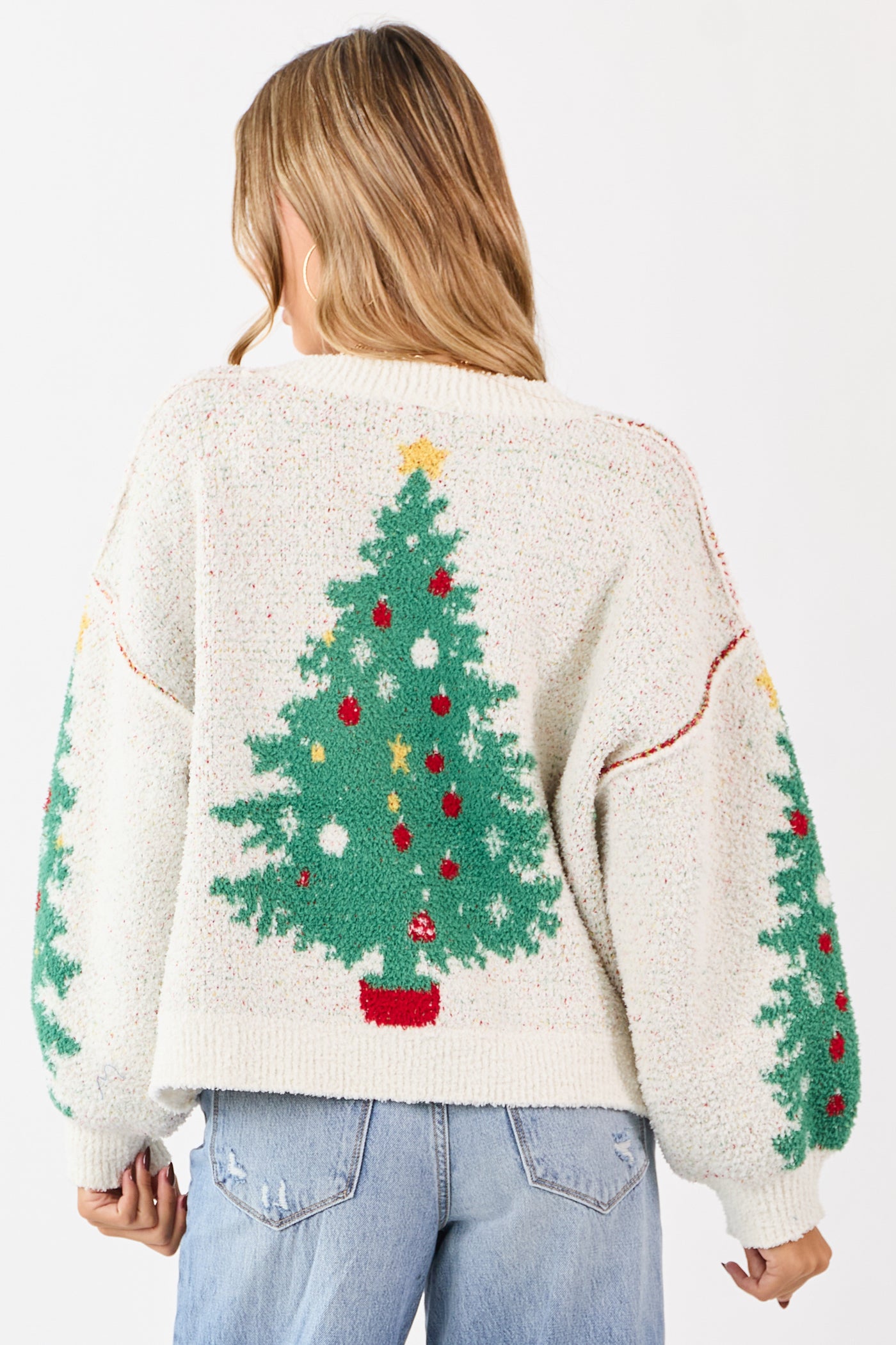 Ivory Christmas Tree Graphic Speckled Knit Cardigan