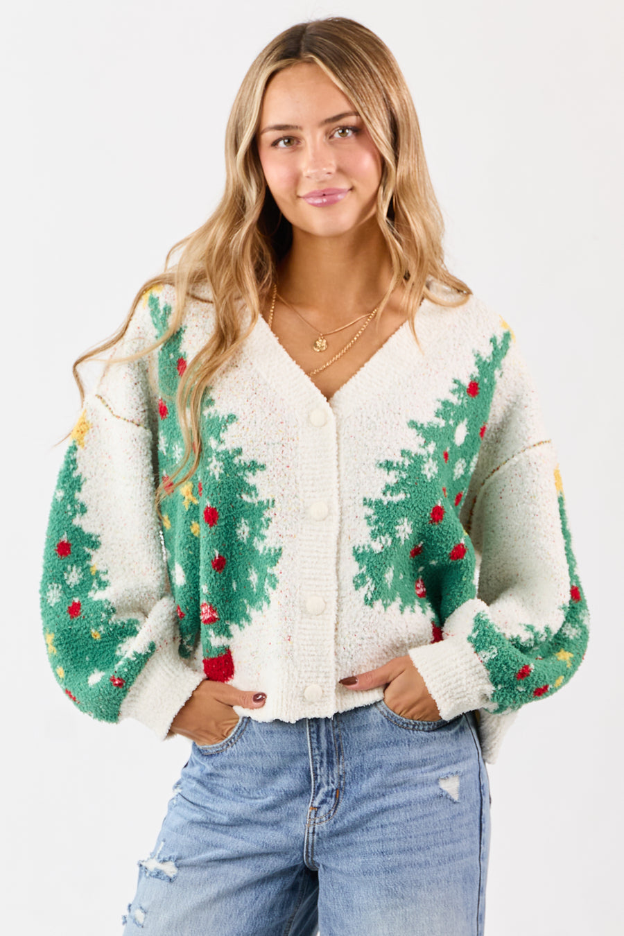 Ivory Christmas Tree Graphic Speckled Knit Cardigan