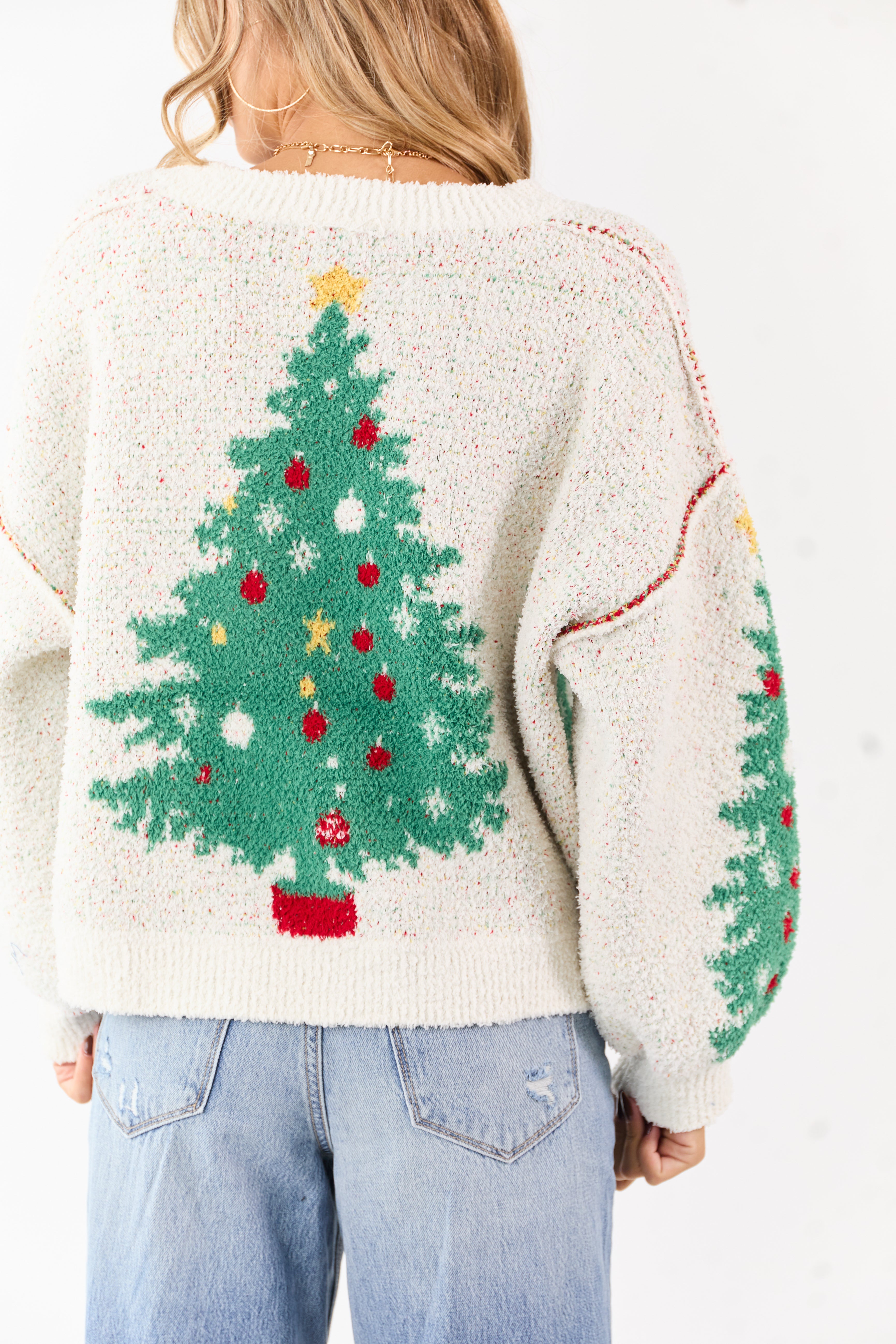 Ivory Christmas Tree Graphic Speckled Knit Cardigan
