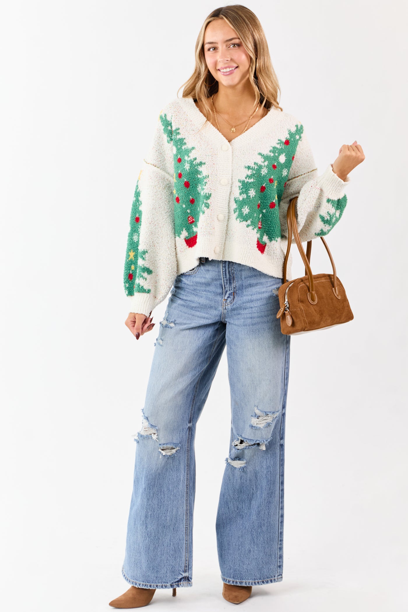 Ivory Christmas Tree Graphic Speckled Knit Cardigan