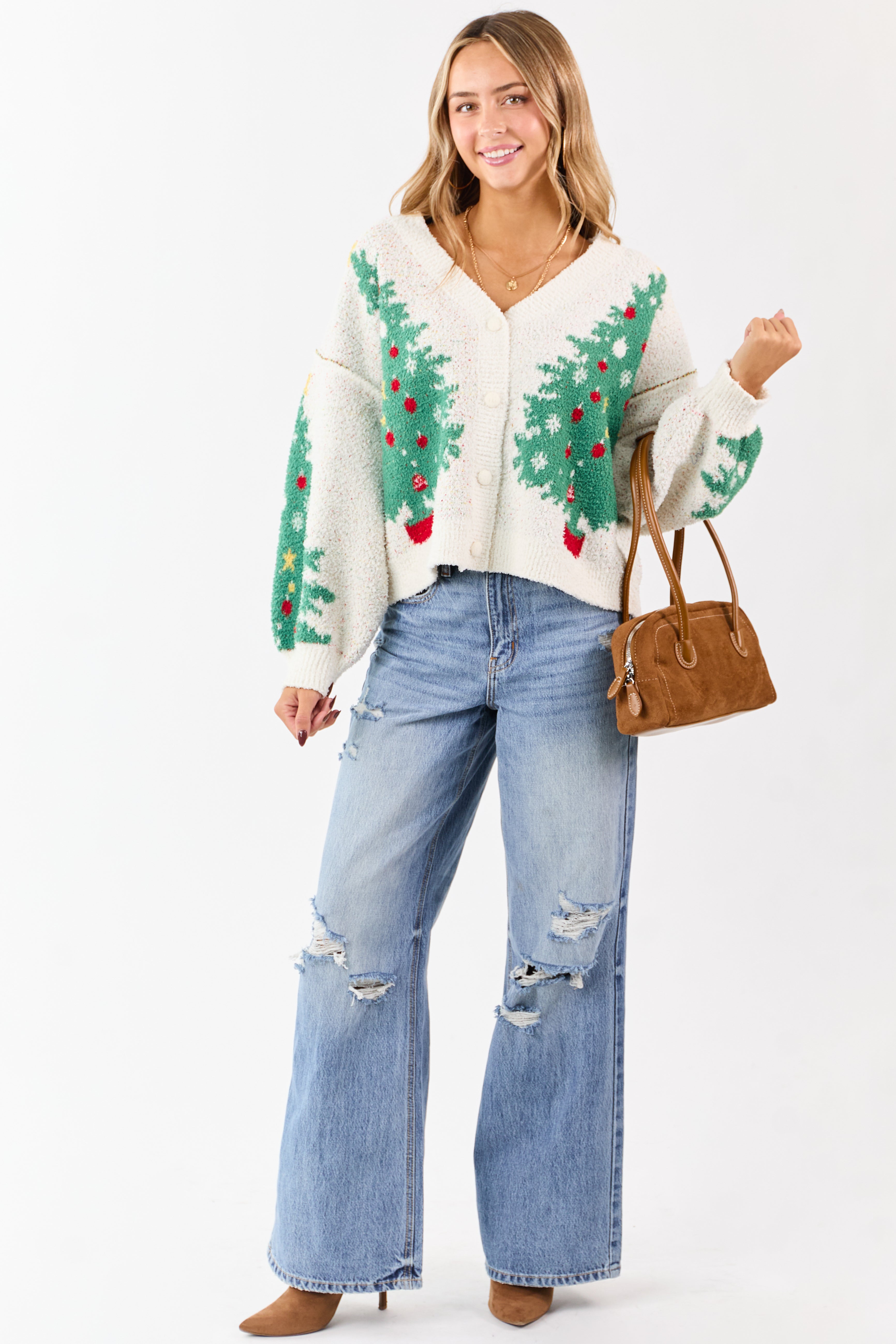 Ivory Christmas Tree Graphic Speckled Knit Cardigan