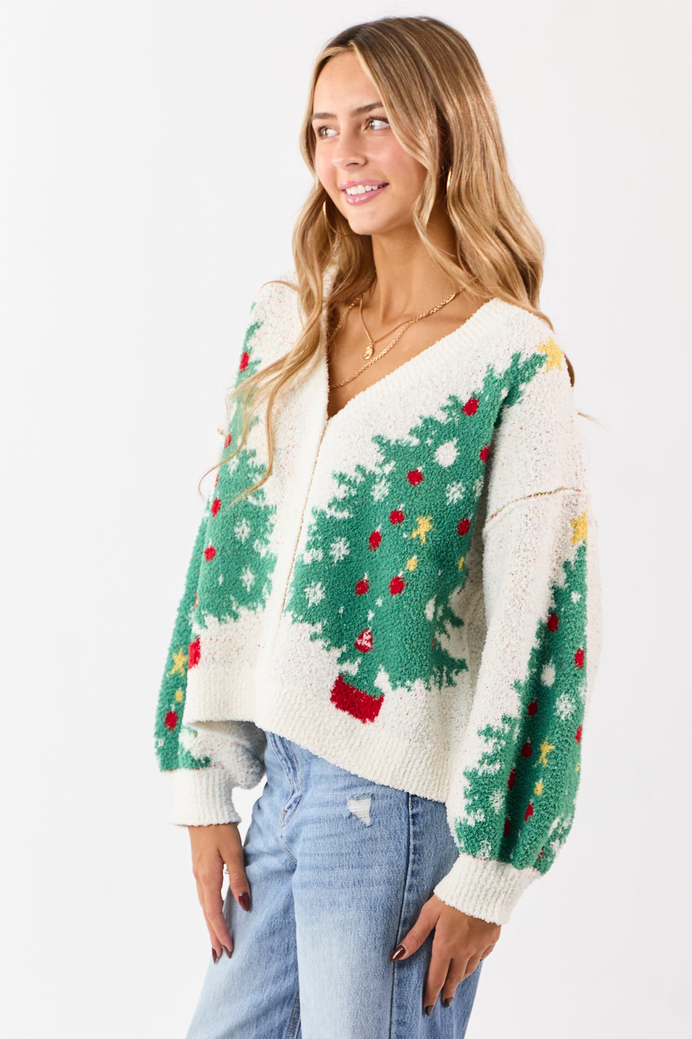 Ivory Christmas Tree Graphic Speckled Knit Cardigan