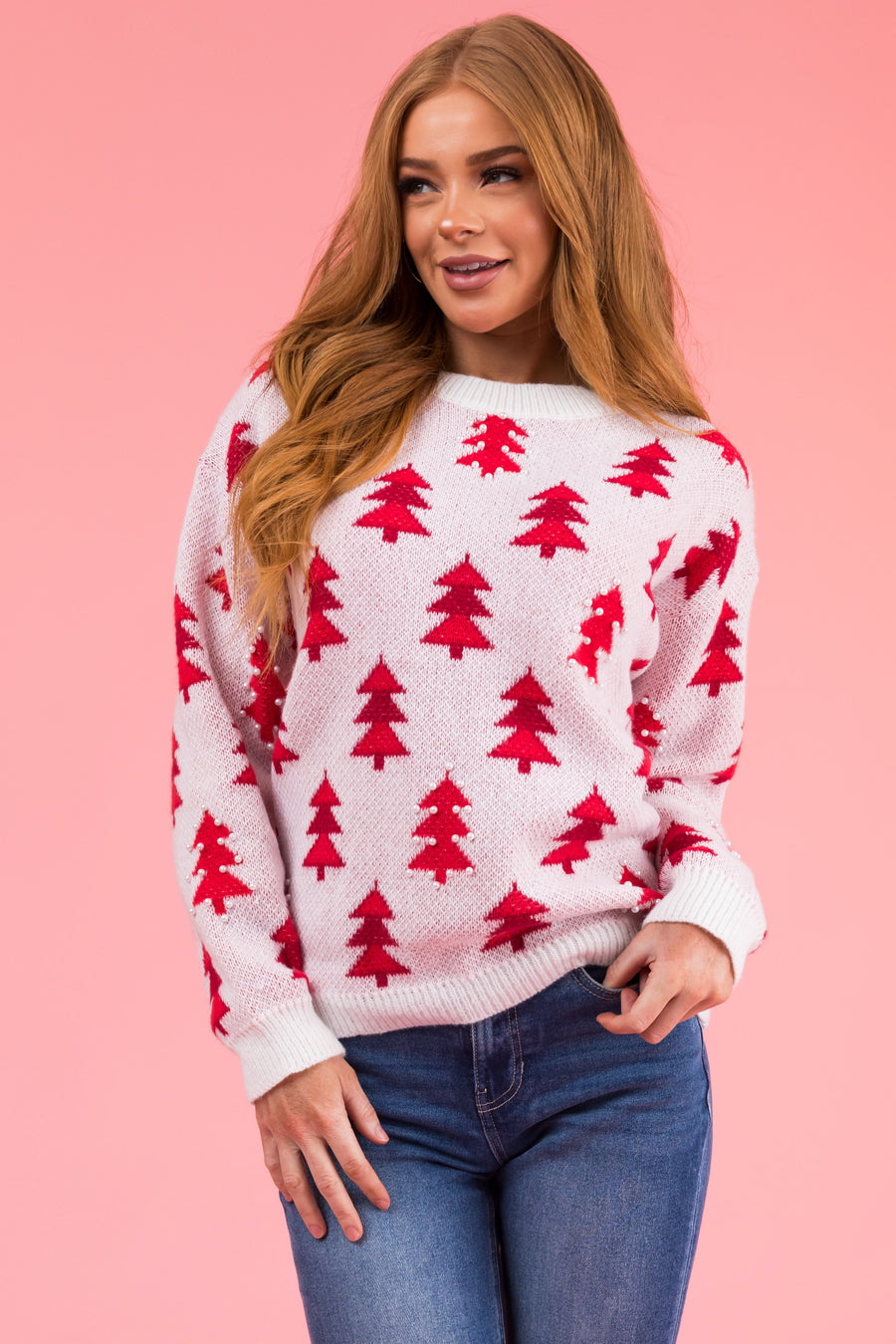Ivory Christmas Tree Pearl Graphic Sweater