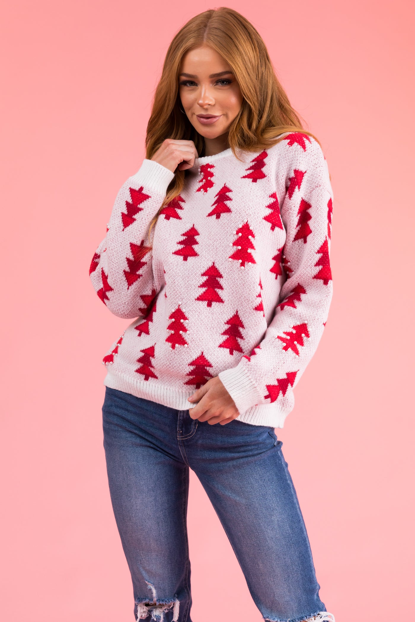 Ivory Christmas Tree Pearl Graphic Sweater | Lime Lush