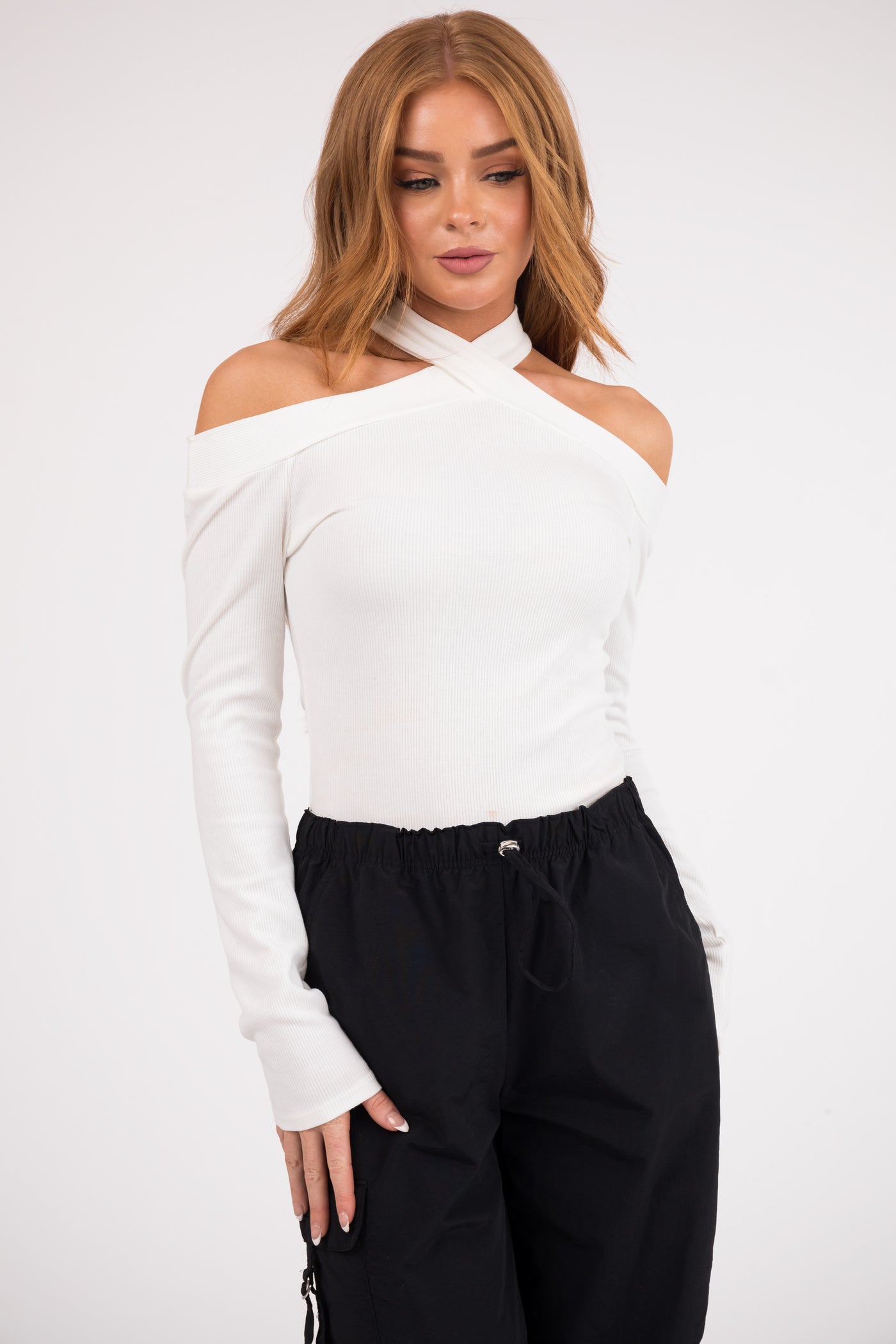 Ivory Cold Shoulder Long Sleeve Cropped Top
