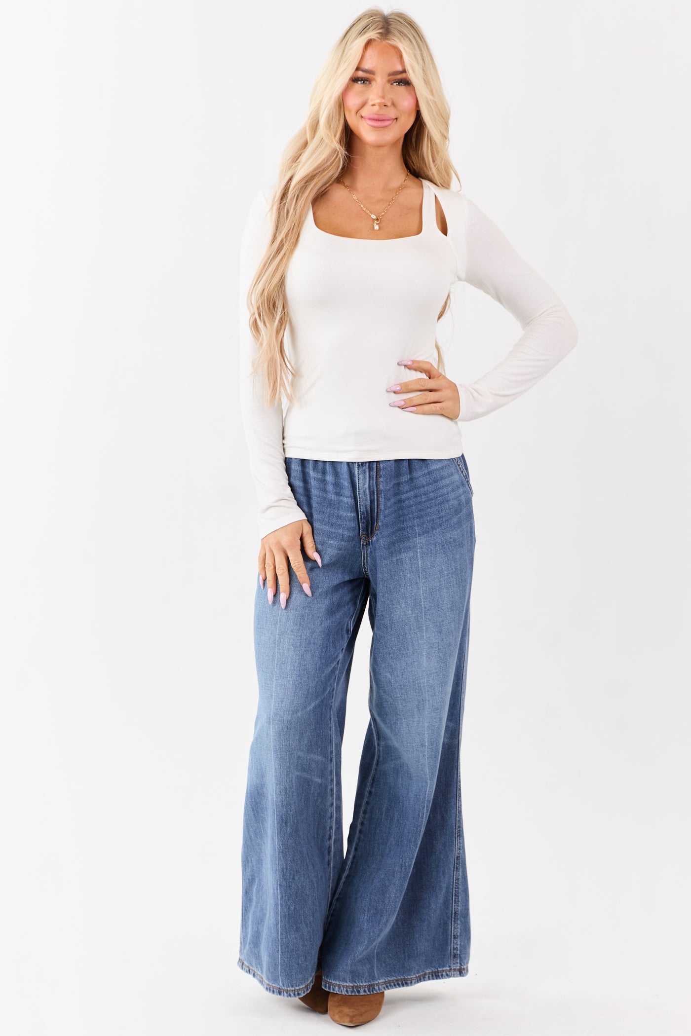 Ivory Cold Shoulder Long Sleeve Scoop Neck Top