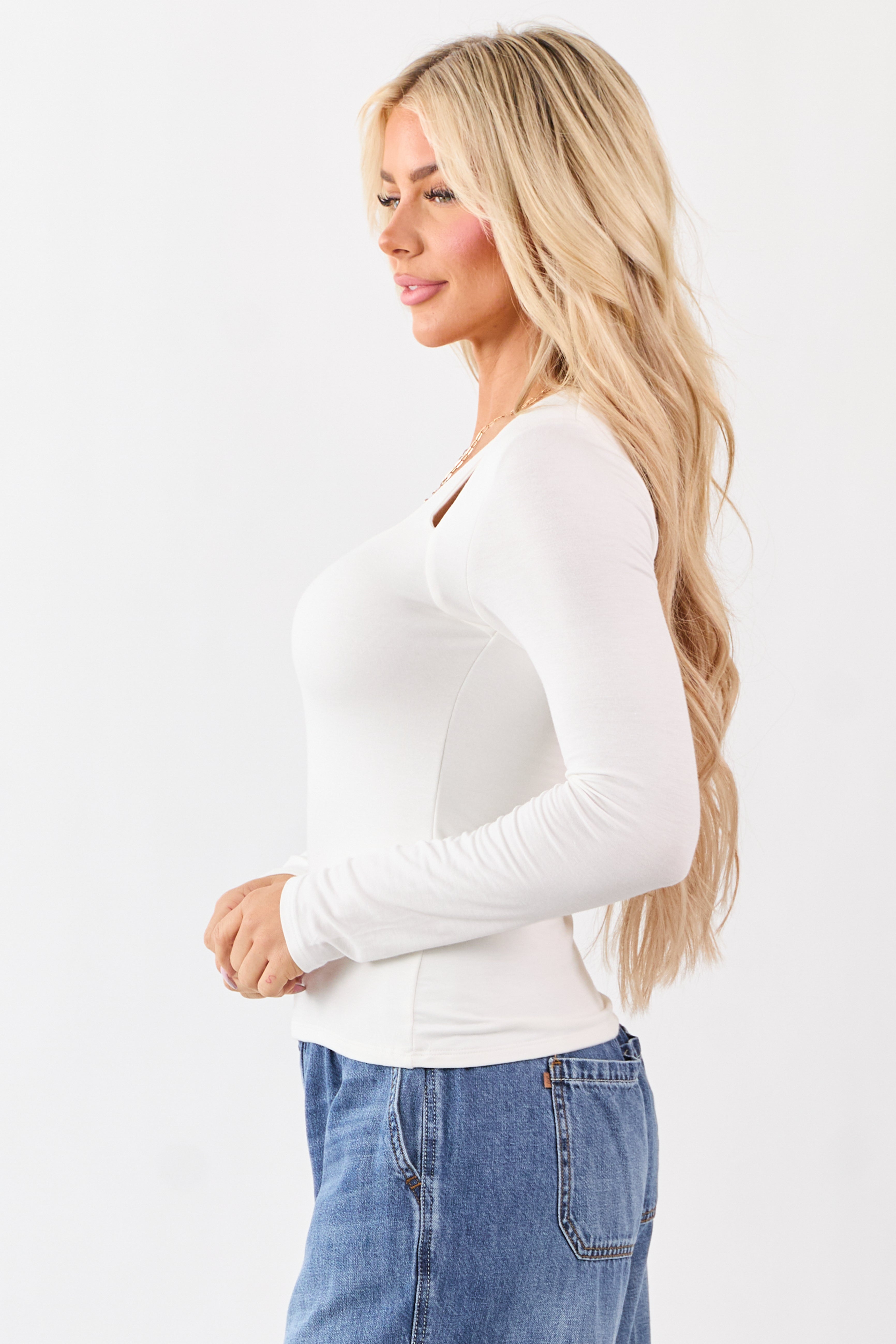 Ivory Cold Shoulder Long Sleeve Scoop Neck Top
