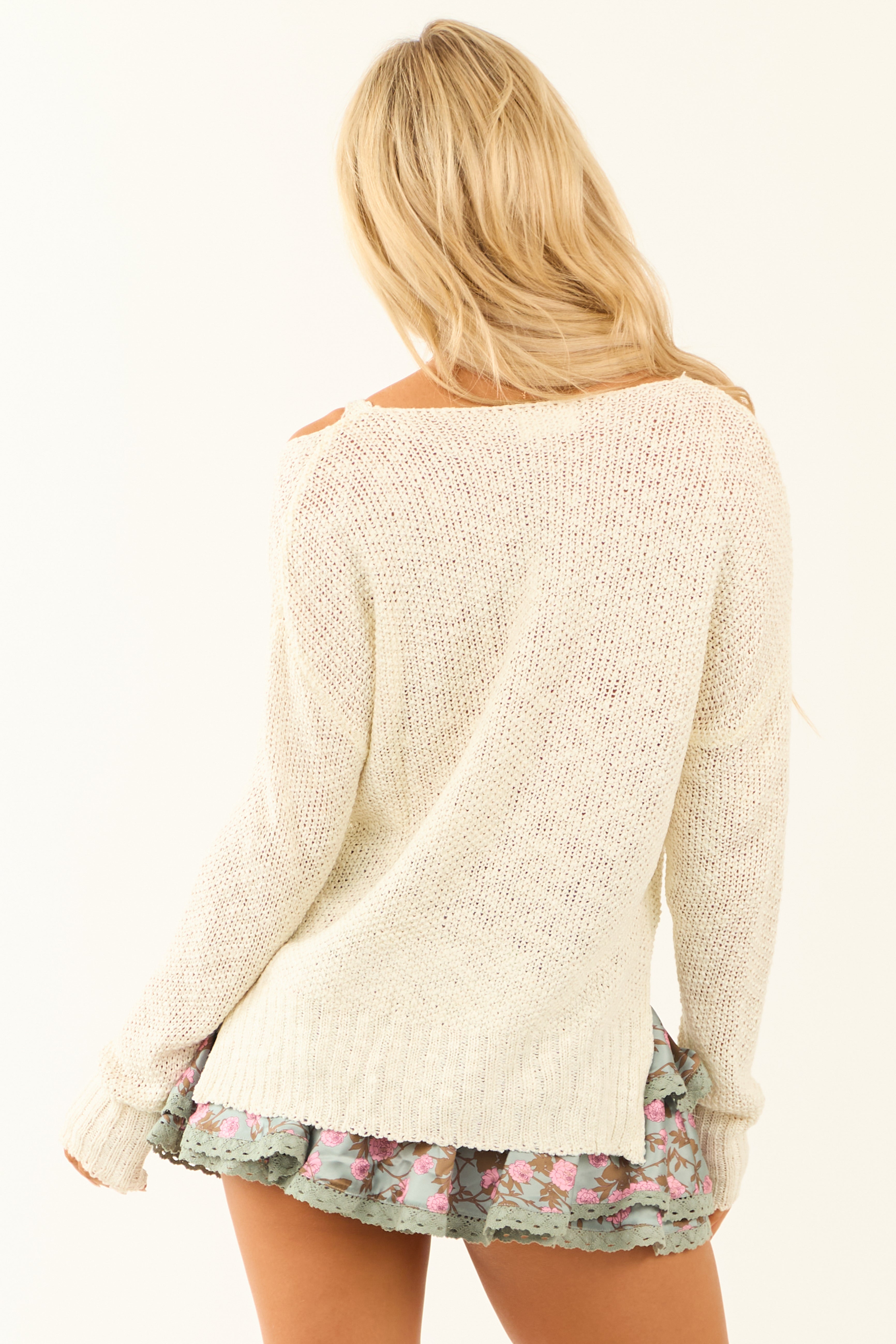Ivory Cold Shoulder Open Knit Sweater | Lime Lush Boutique