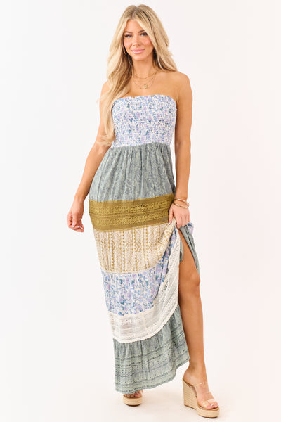 Ivory Colorblock Mixed Print Strapless Maxi Dress