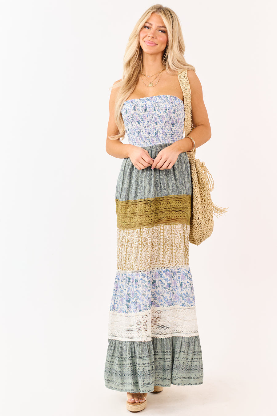 Ivory Colorblock Mixed Print Strapless Maxi Dress