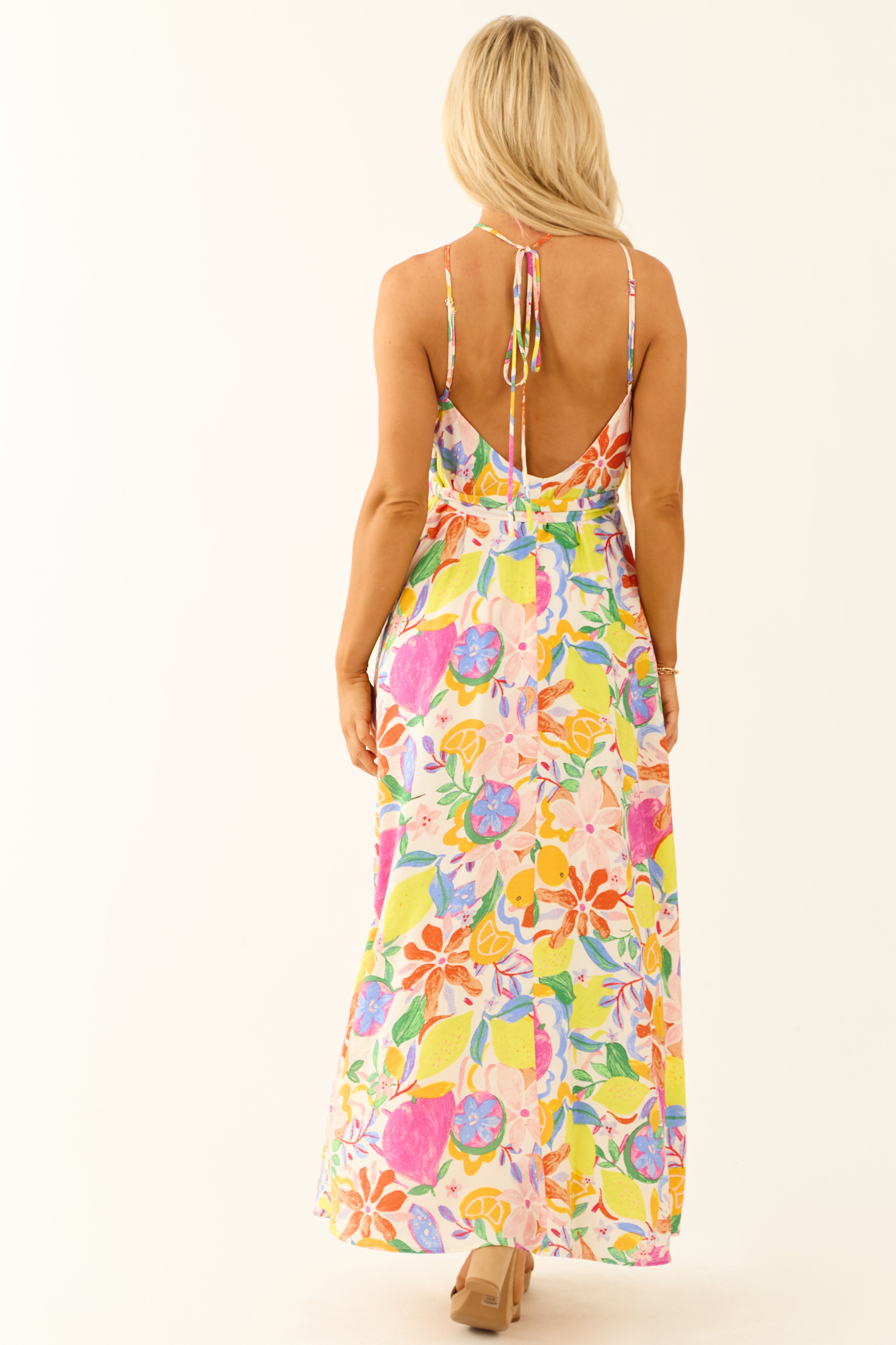 Ivory Colorful Floral and Fruit Print Maxi Dress