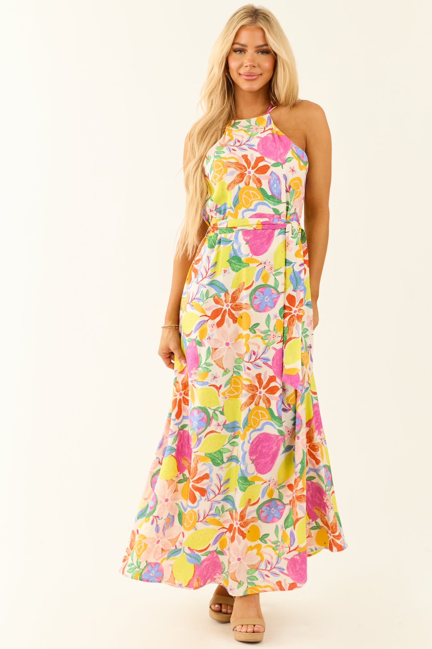 Ivory Colorful Floral and Fruit Print Maxi Dress Ivory Colorful Floral and Fruit Print Maxi Dress