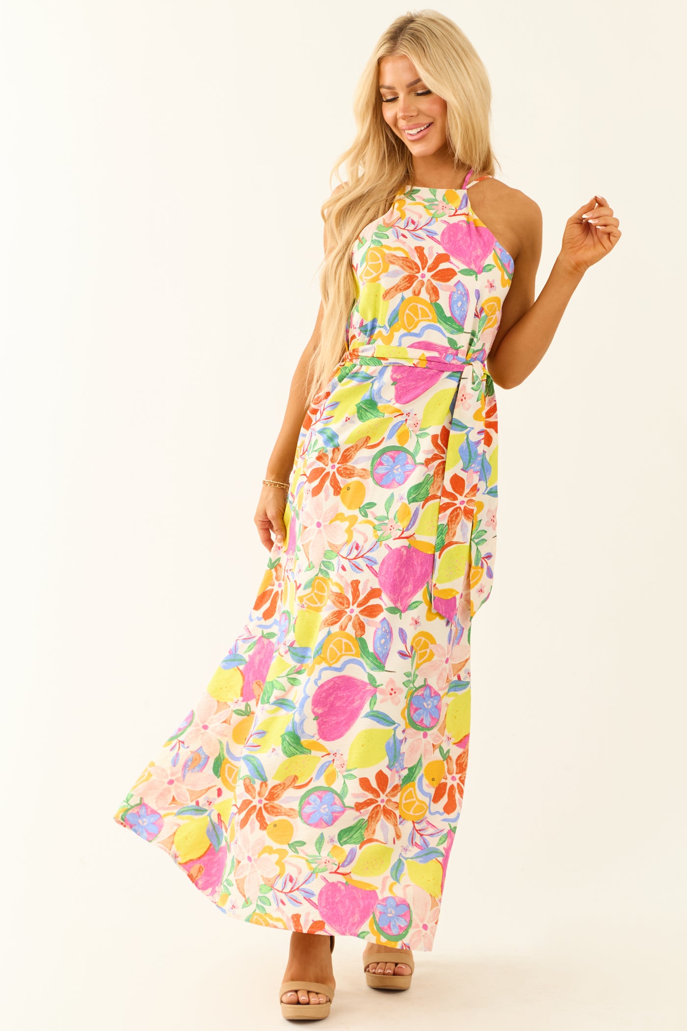 Ivory Colorful Floral and Fruit Print Maxi Dress