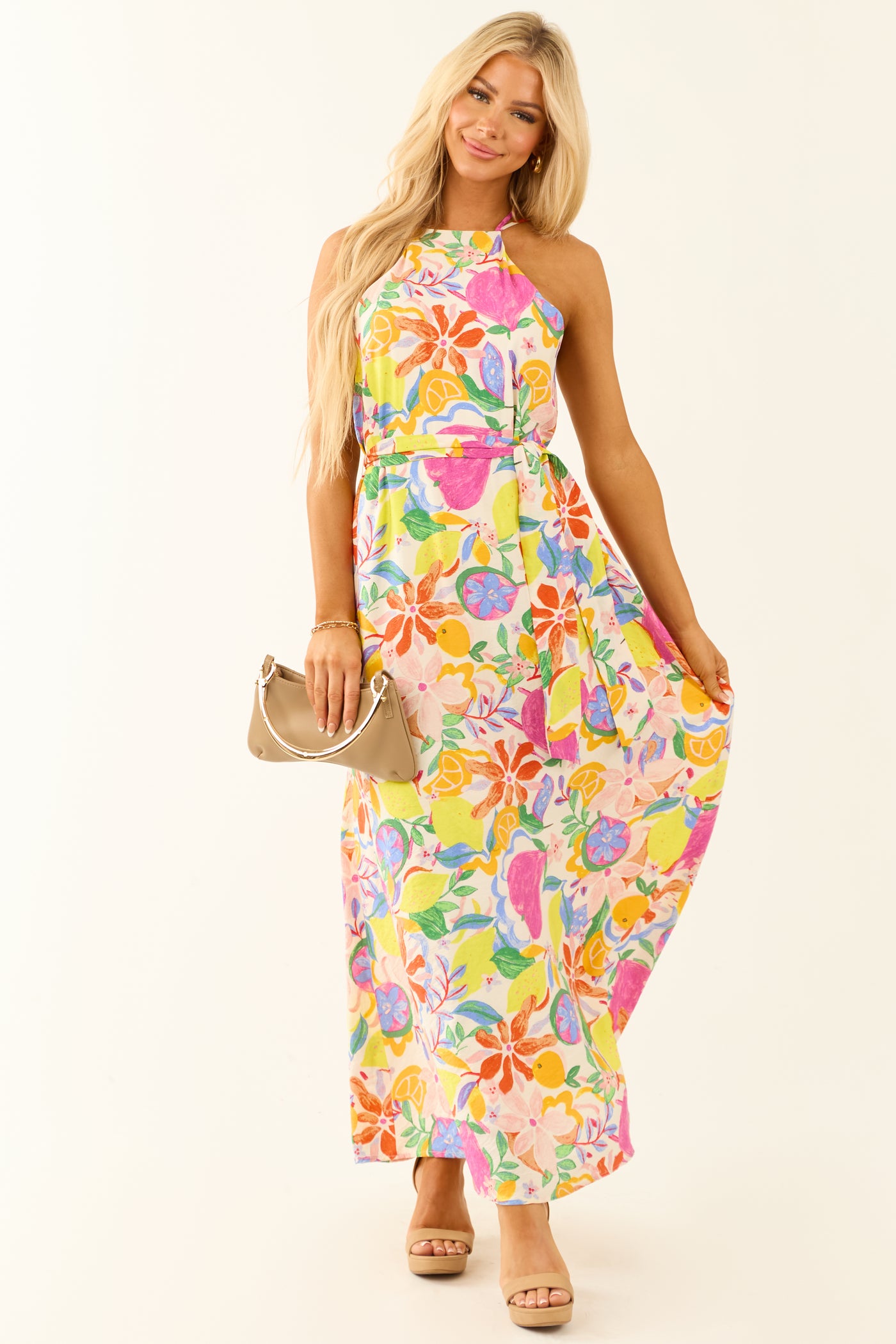 Ivory Colorful Floral and Fruit Print Maxi Dress