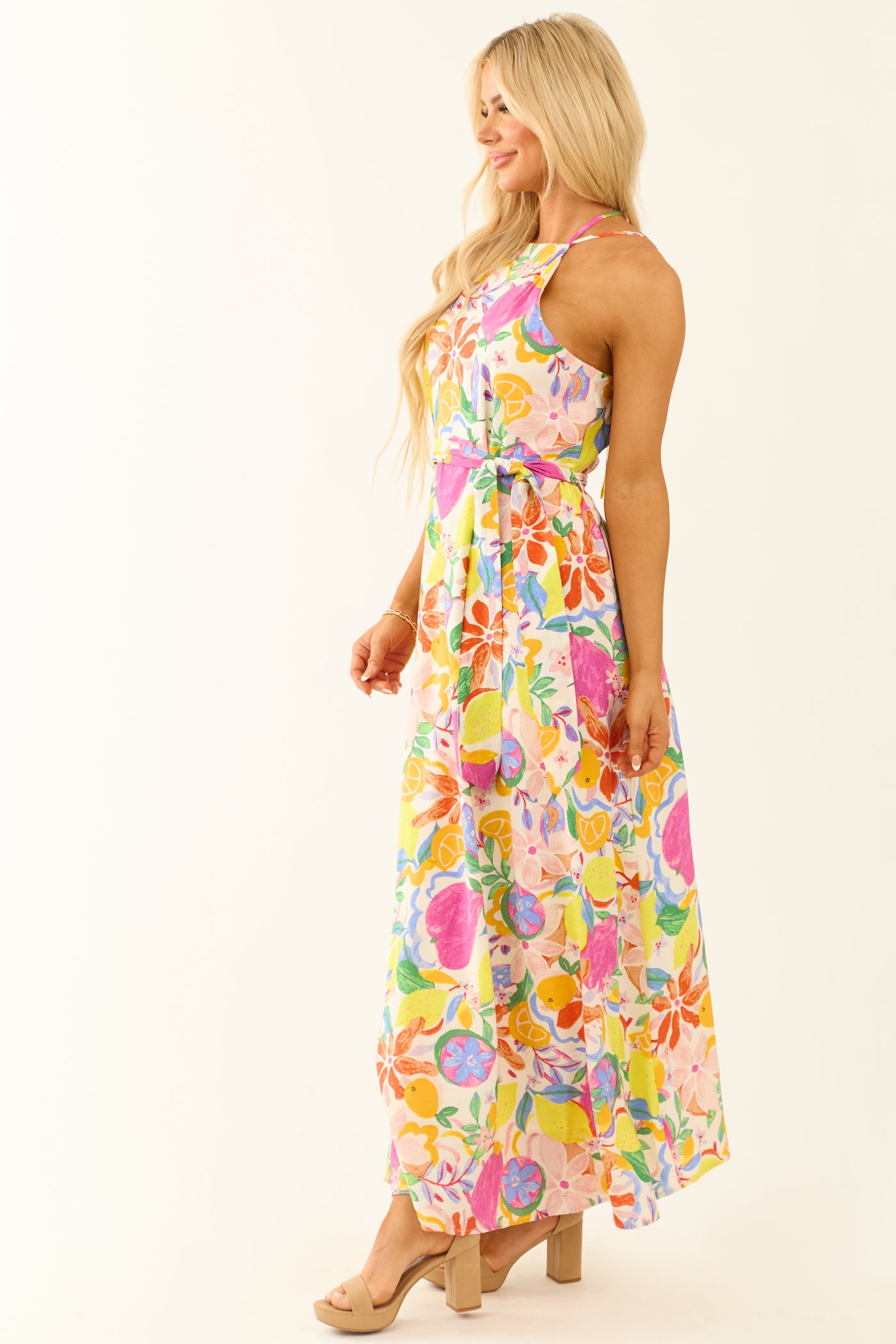 fruit print maxi dress Yvette Sleeveless Halter Open Back Fruit Print Maxi Dress Yellow Miss Match Group Inc