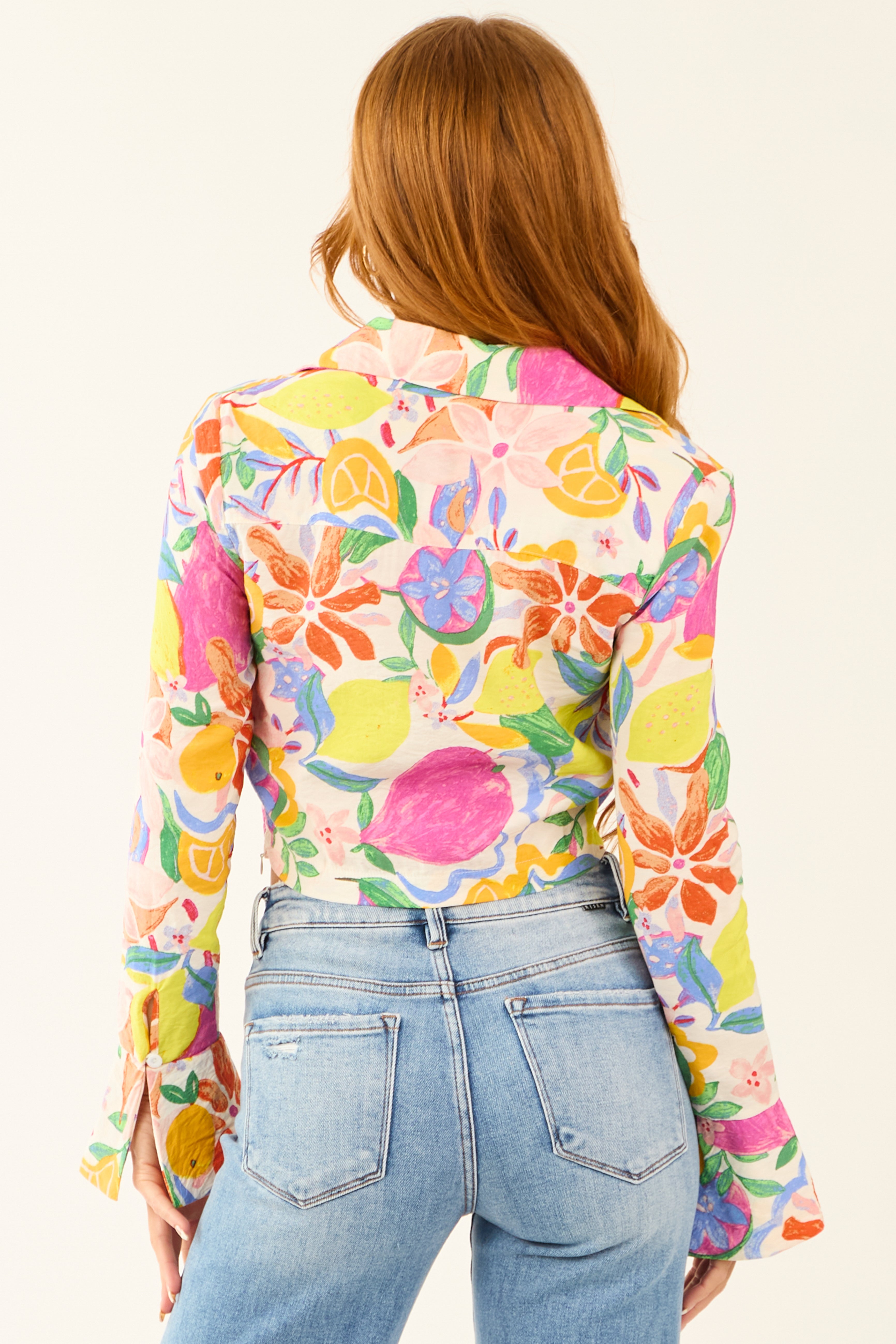 Ivory Colorful Fruit and Floral Cropped Top