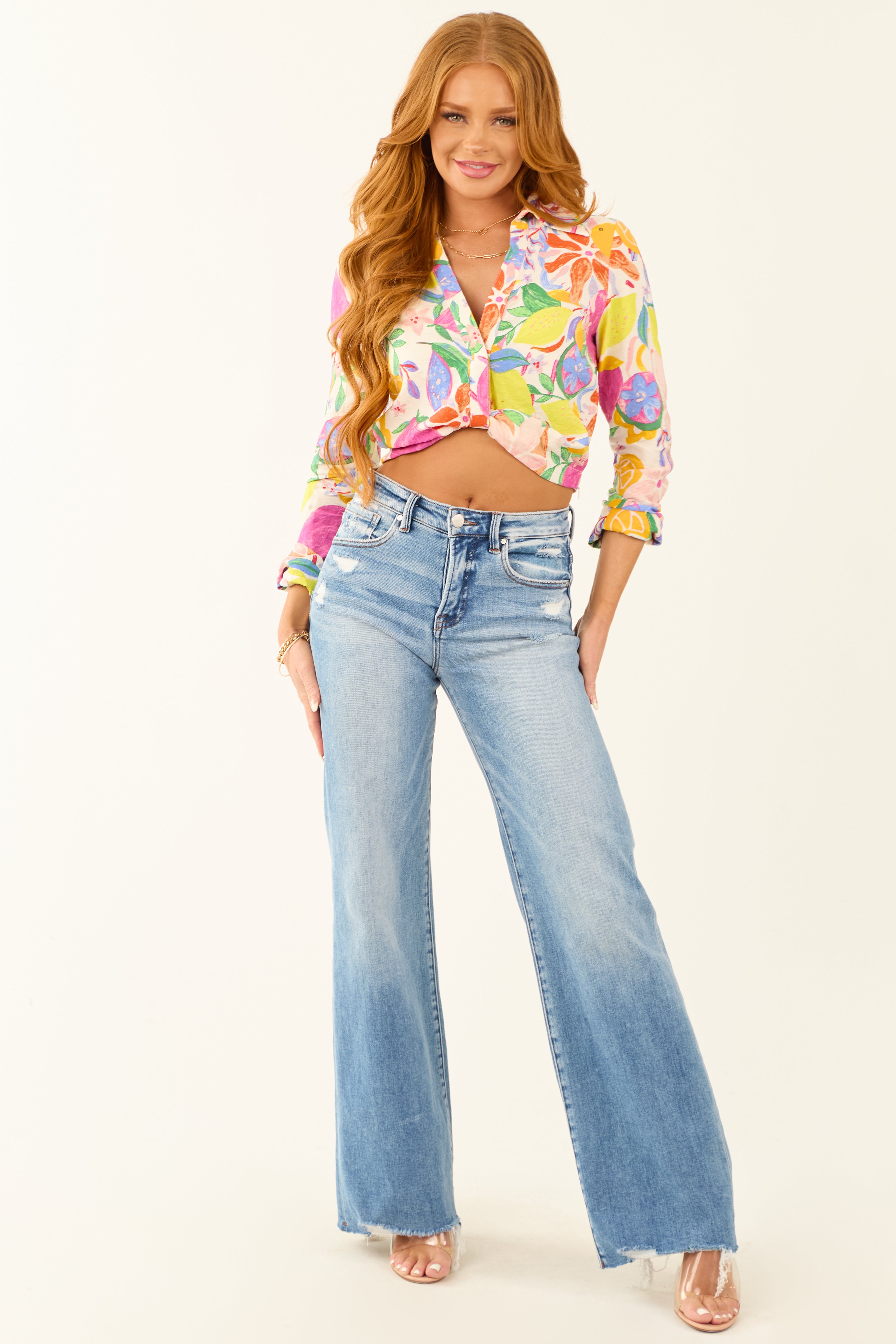 Ivory Colorful Fruit and Floral Cropped Top