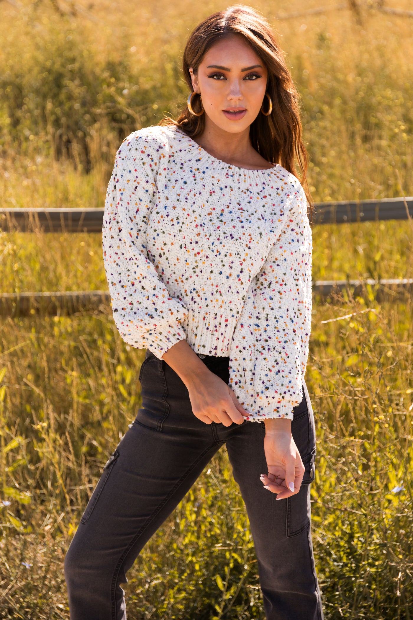 Ivory Confetti Knit Cropped Chenille Sweater