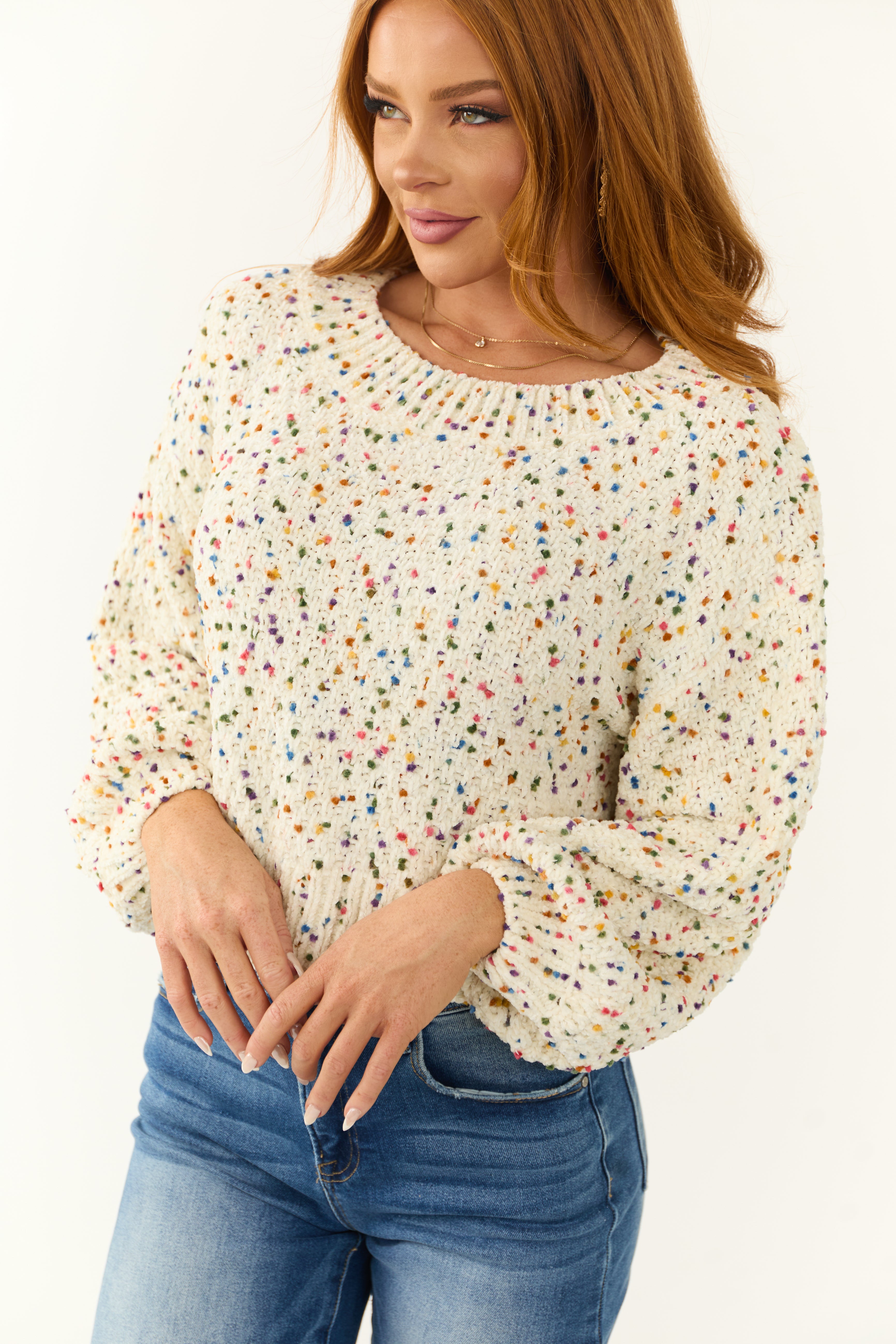 Ivory Confetti Knit Cropped Chenille Sweater