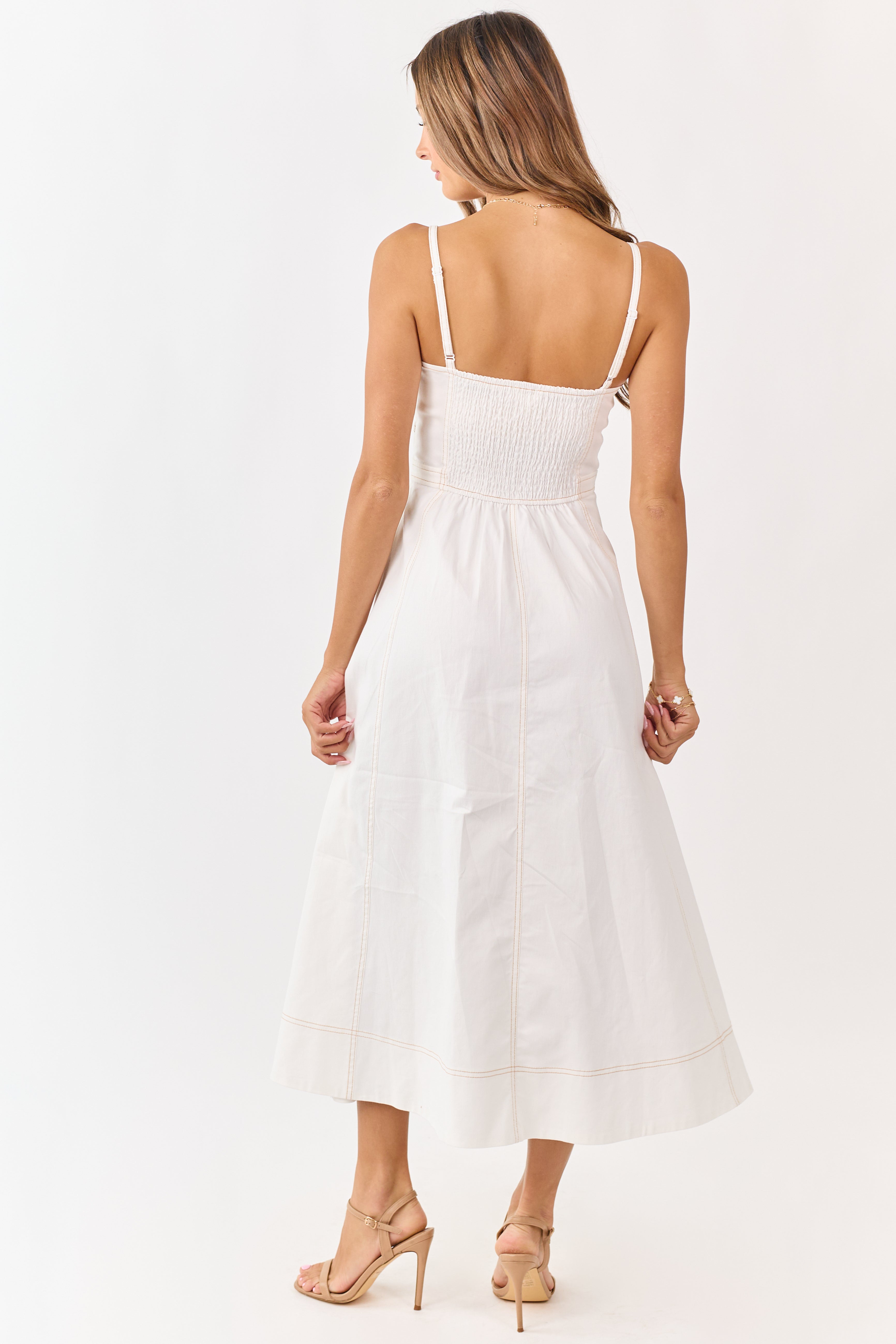 Ivory Contrast Stitch Denim A-Line Midi Dress