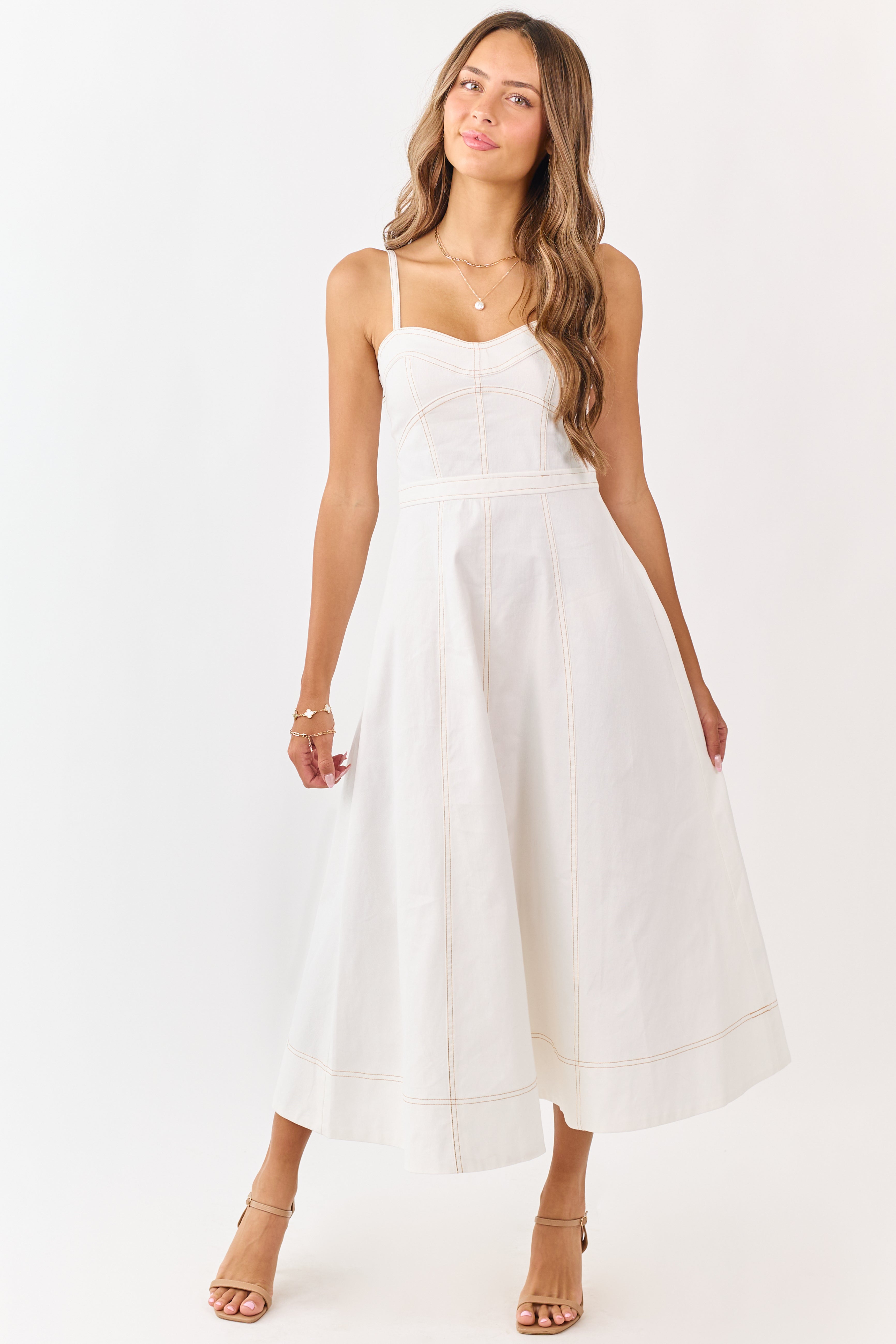 Ivory Contrast Stitch Denim A-Line Midi Dress