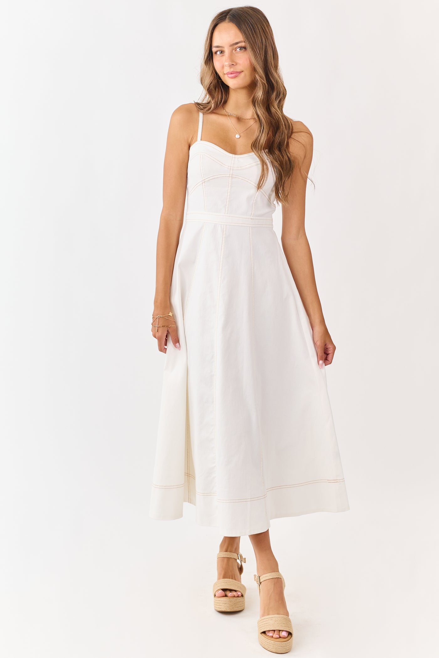 Ivory Contrast Stitch Denim A-Line Midi Dress