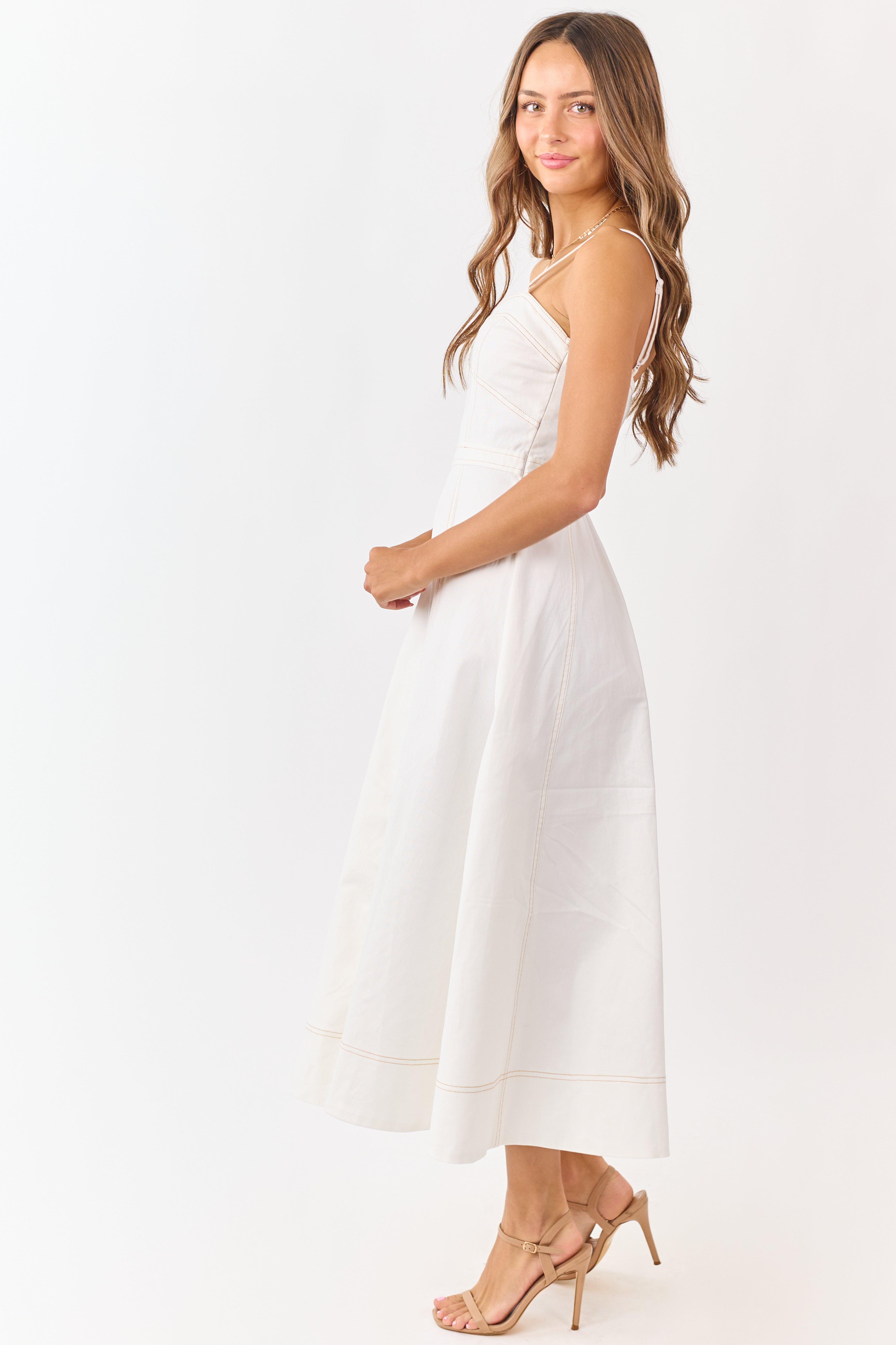 Ivory Contrast Stitch Denim A-Line Midi Dress