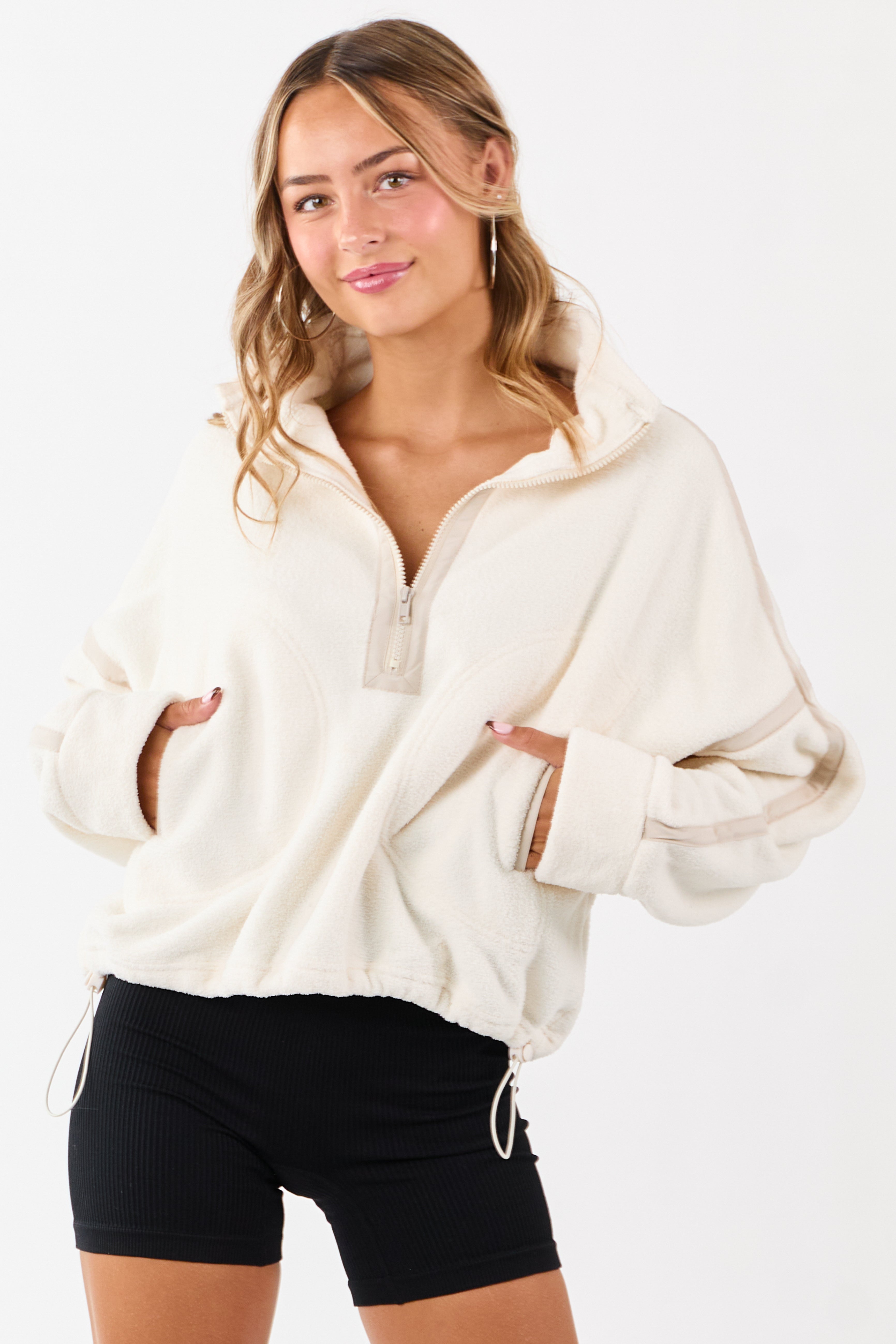 Ivory Contrast Trim Half Zip Up Fleece Pullover