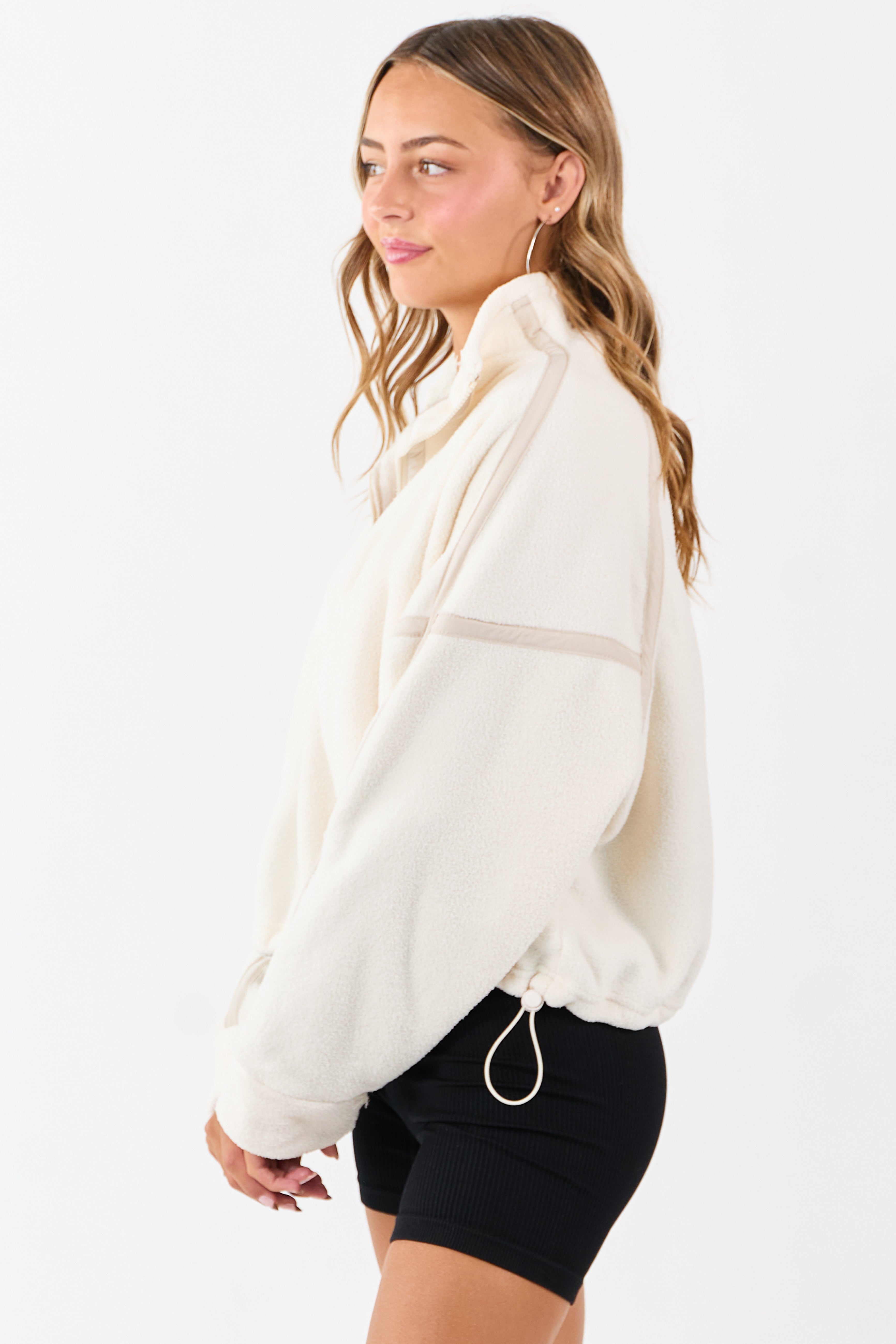 Ivory Contrast Trim Half Zip Up Fleece Pullover