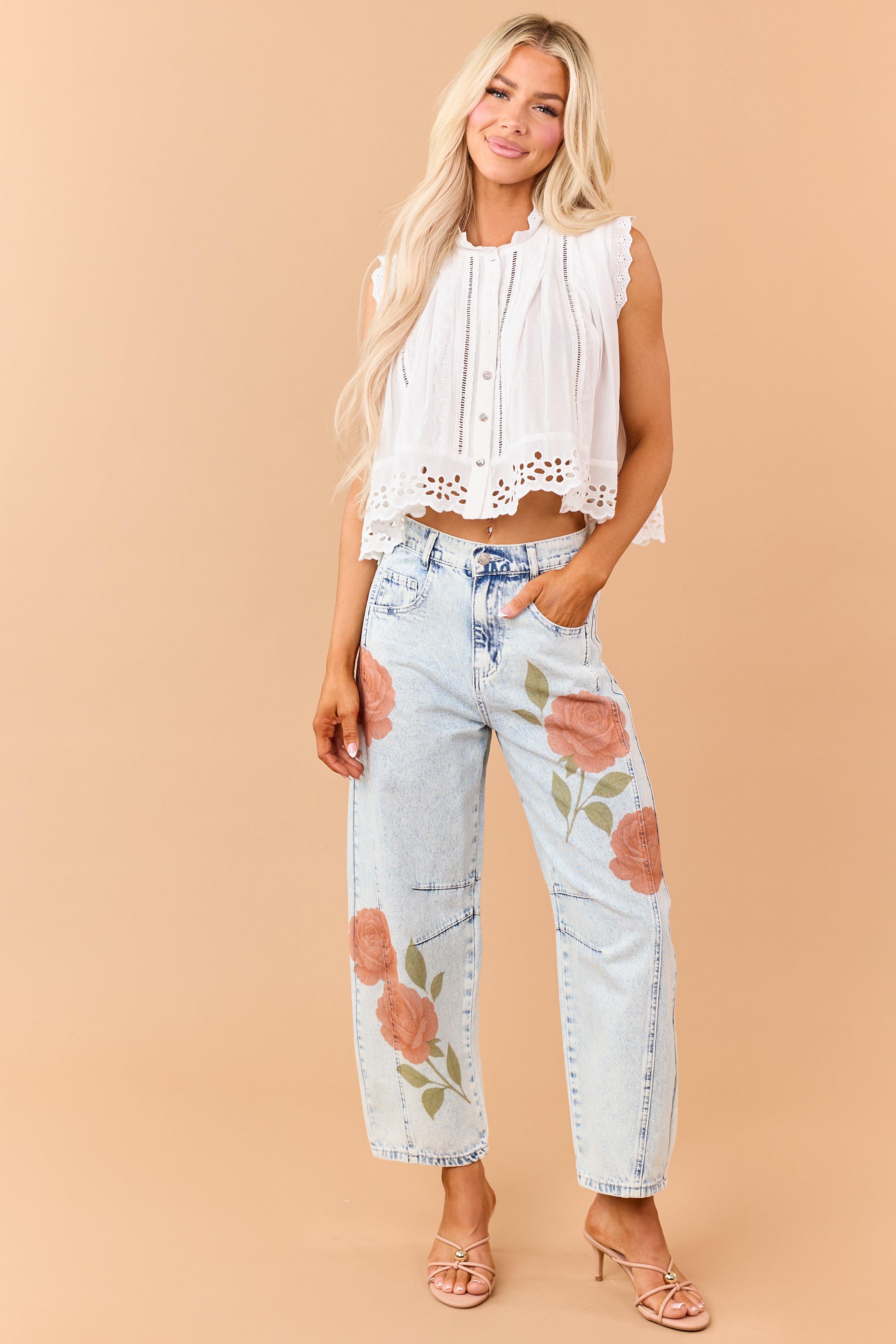 Ivory Cotton Button Down Eyelet Lace Trim Tank Top | Lime Lush