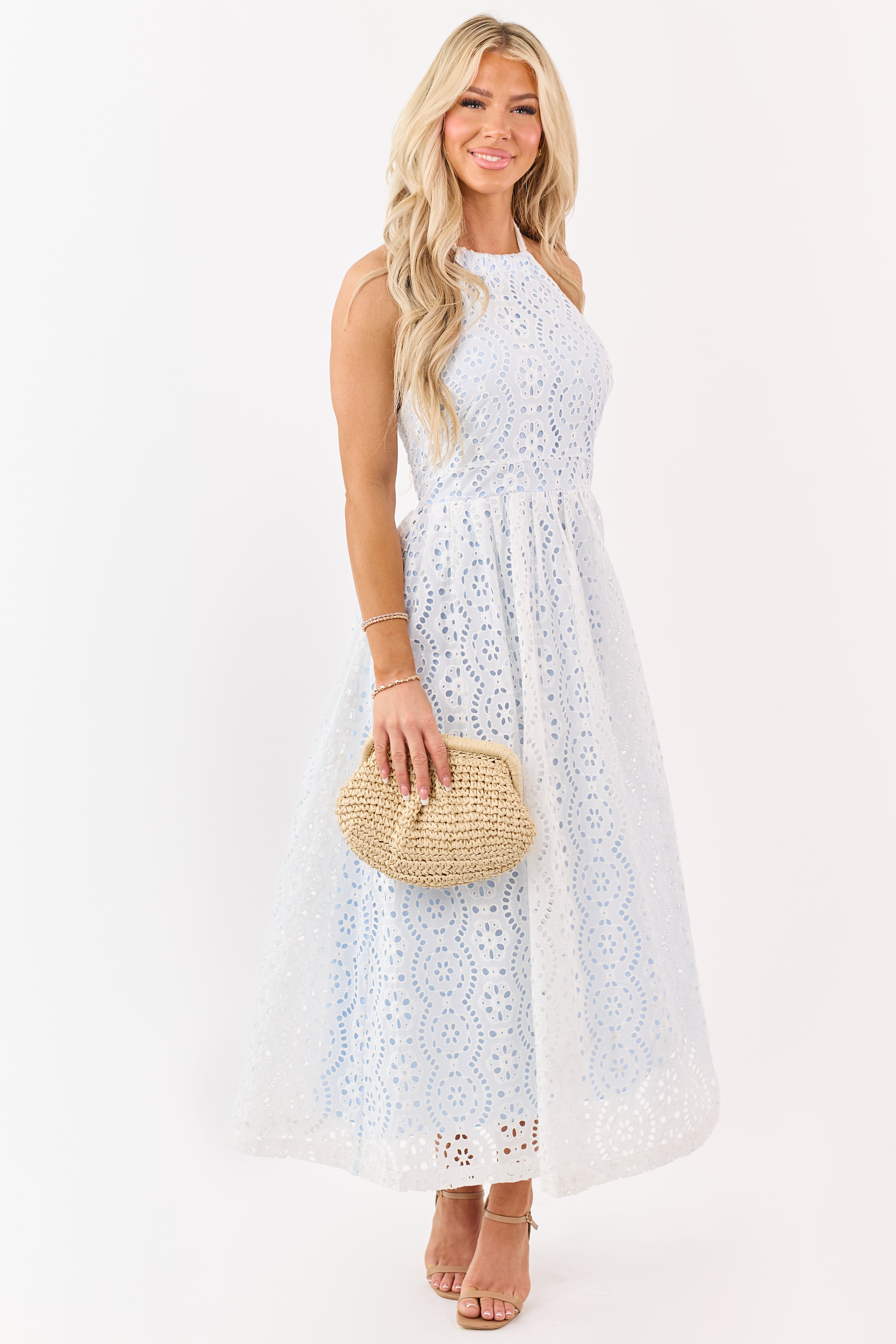 Ivory Cotton Eyelet Lace Halter Neck Maxi Dress | Lime Lush Boutique Ivory Cotton Eyelet Lace Halter Neck Maxi Dress | Lime Lush Boutique