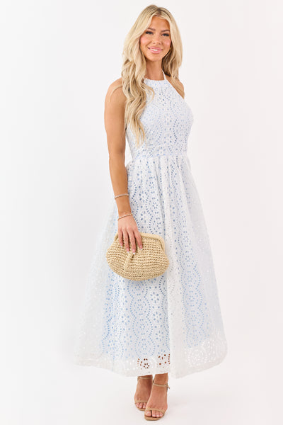 Ivory Cotton Eyelet Lace Halter Neck Maxi Dress