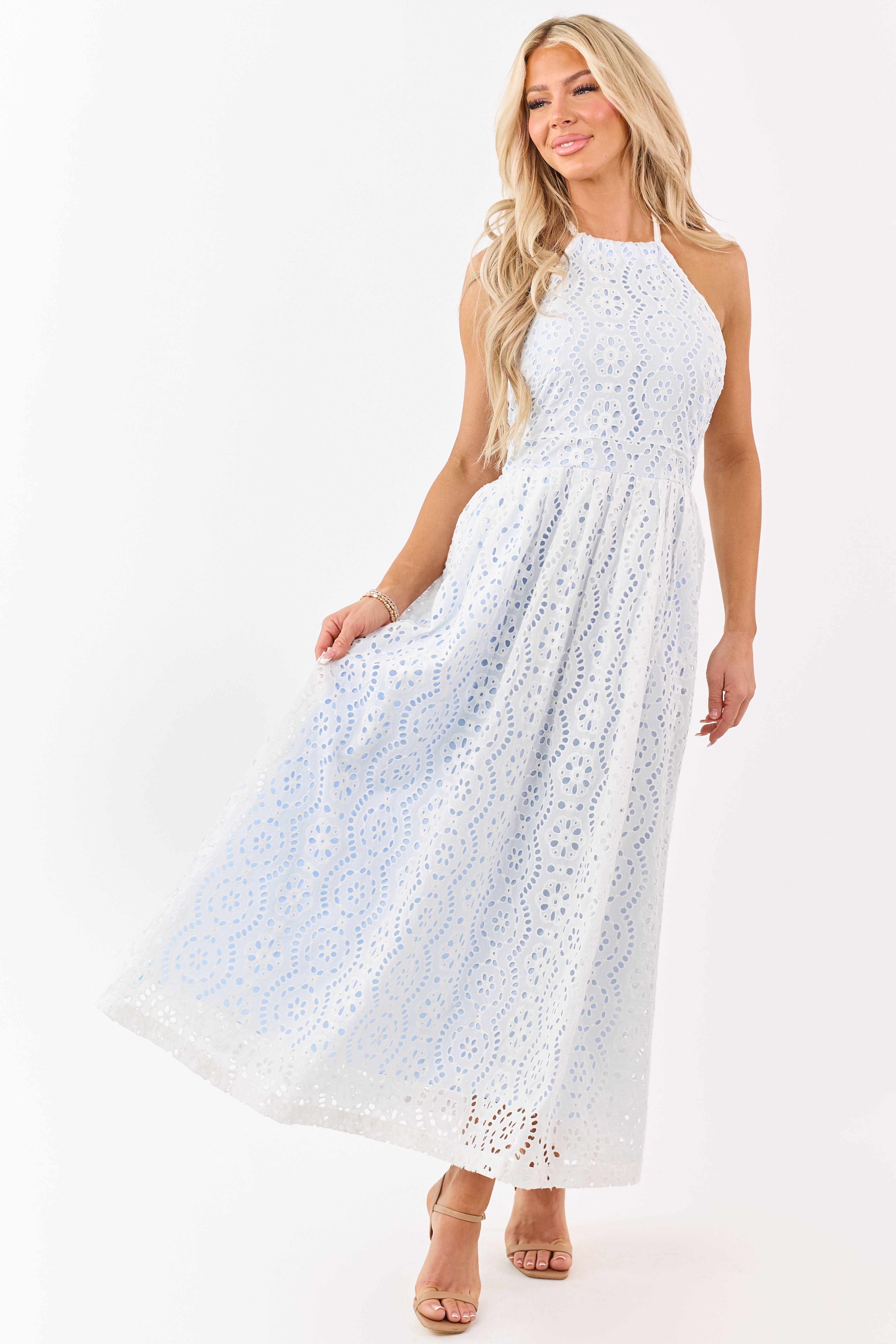 Ivory Cotton Eyelet Lace Halter Neck Maxi Dress Ivory Cotton Eyelet Lace Halter Neck Maxi Dress