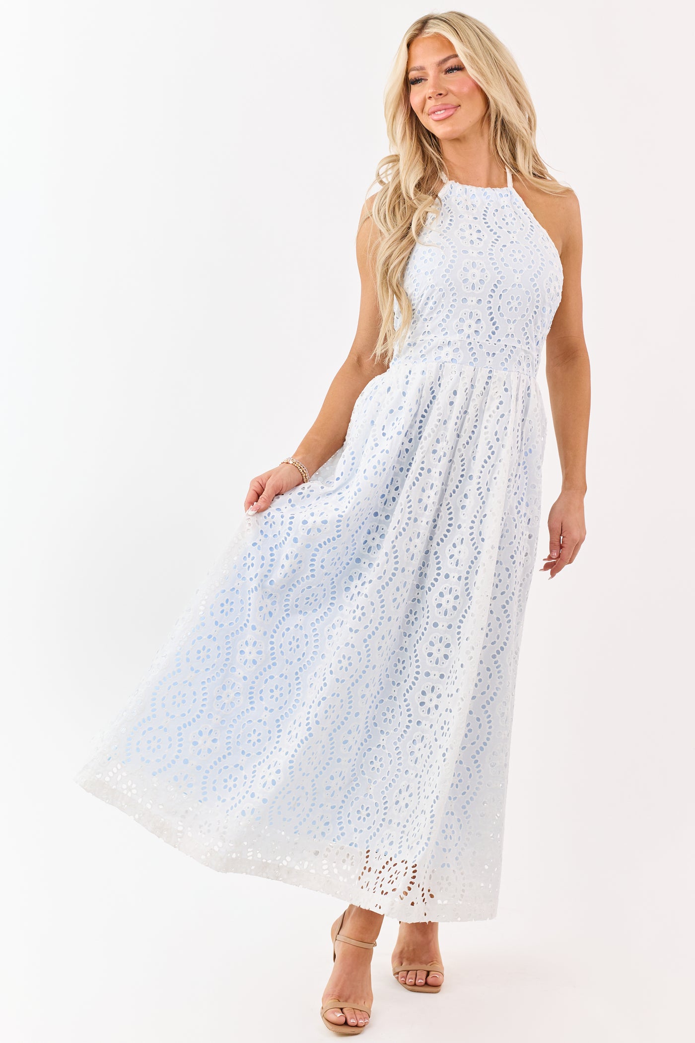 Ivory Cotton Eyelet Lace Halter Neck Maxi Dress