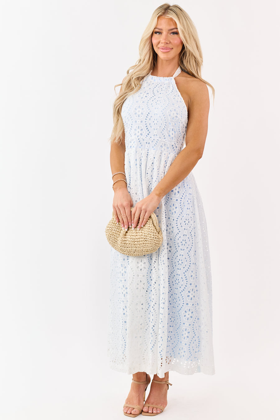 Ivory Cotton Eyelet Lace Halter Neck Maxi Dress