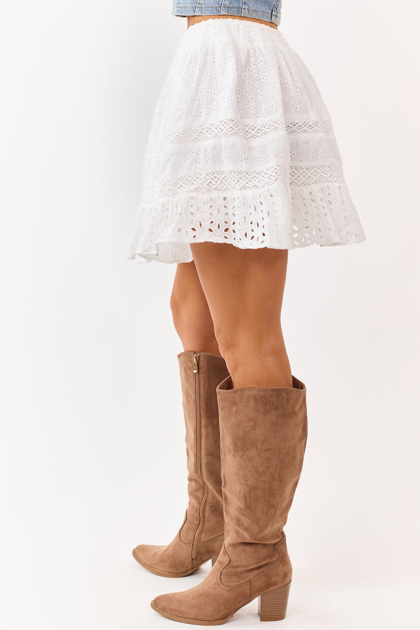 Ivory Cotton Eyelet Lace Smocked Waist Mini Skirt