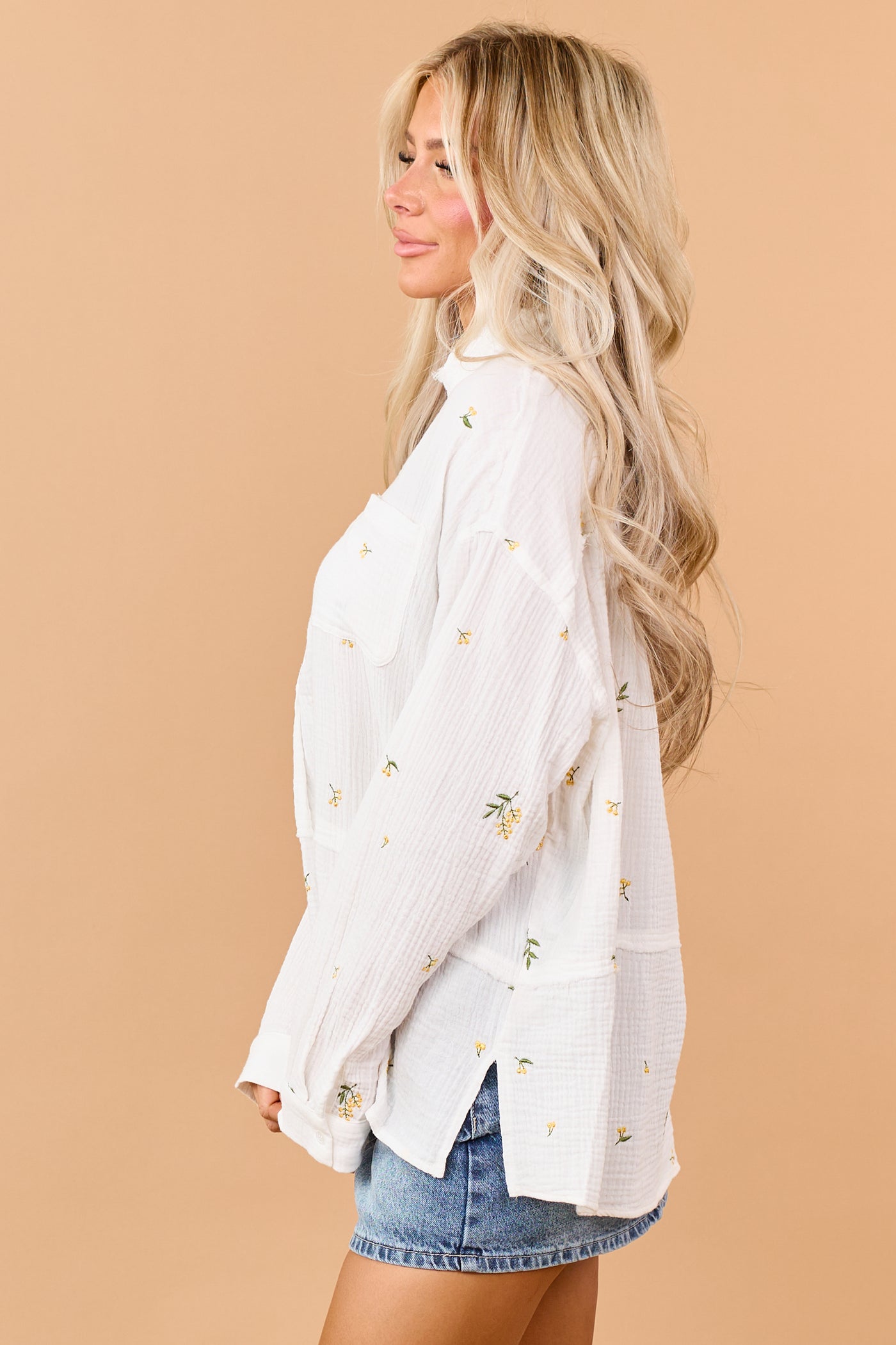 Ivory Cotton Floral Embroidered Long Sleeve Top