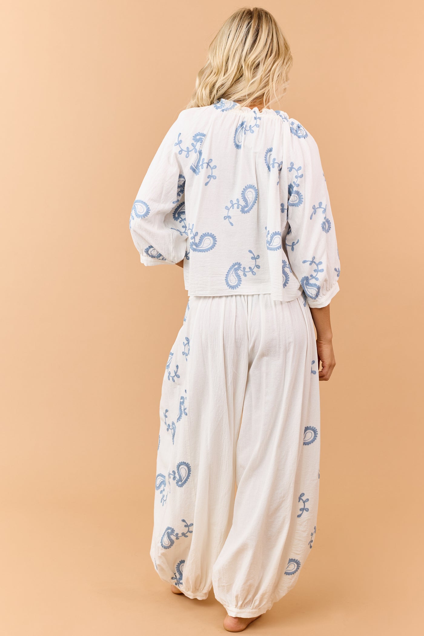 Ivory Cotton Paisley Embroidered Top and Pants Set