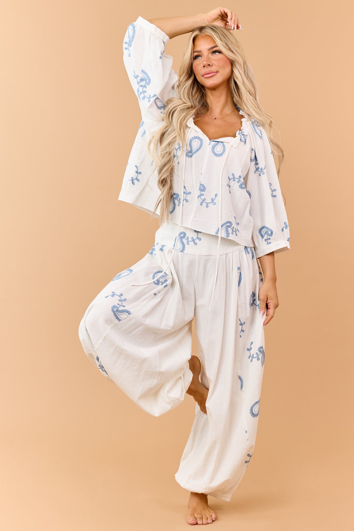 Ivory Cotton Paisley Embroidered Top and Pants Set