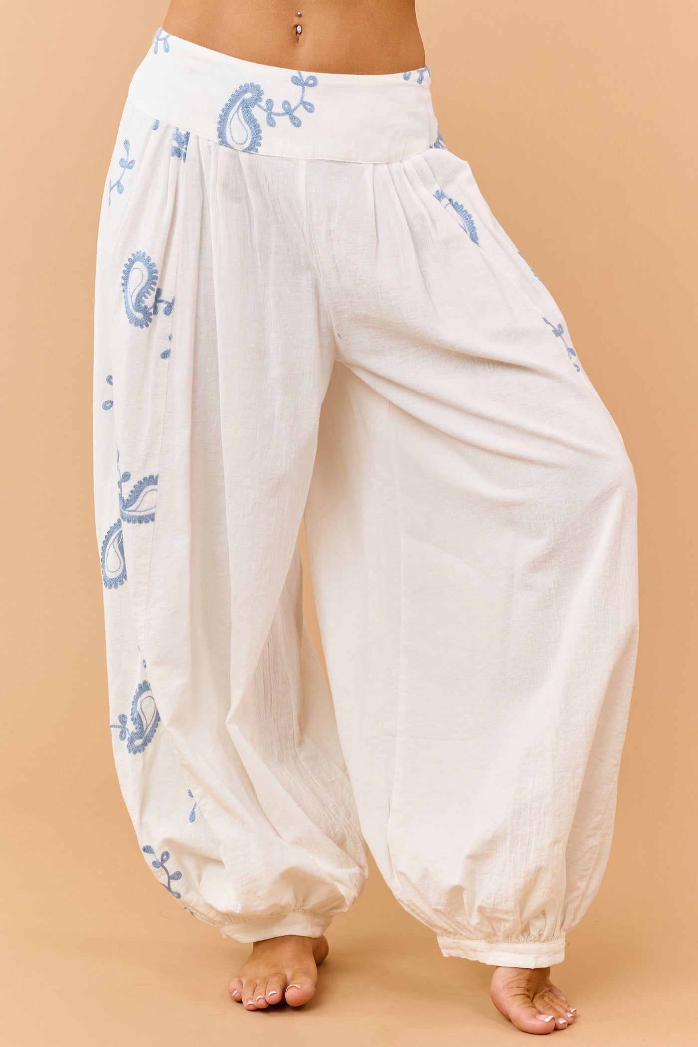 Ivory Cotton Paisley Embroidered Top and Pants Set