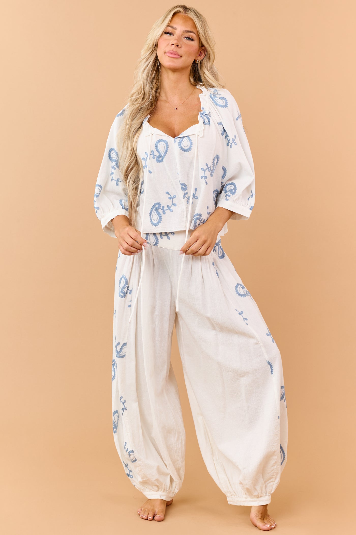 Ivory Cotton Paisley Embroidered Top and Pants Set