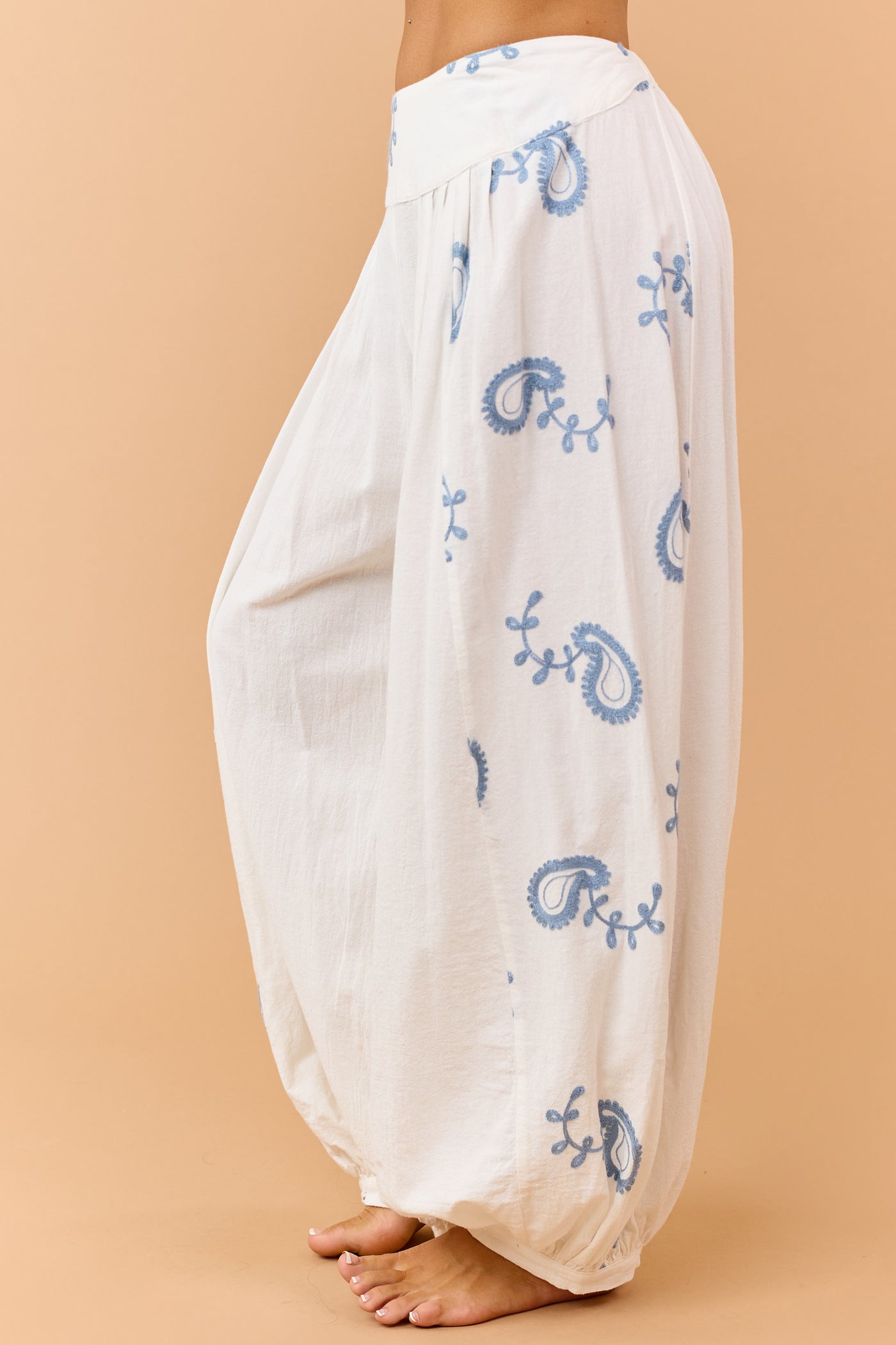 Ivory Cotton Paisley Embroidered Top and Pants Set