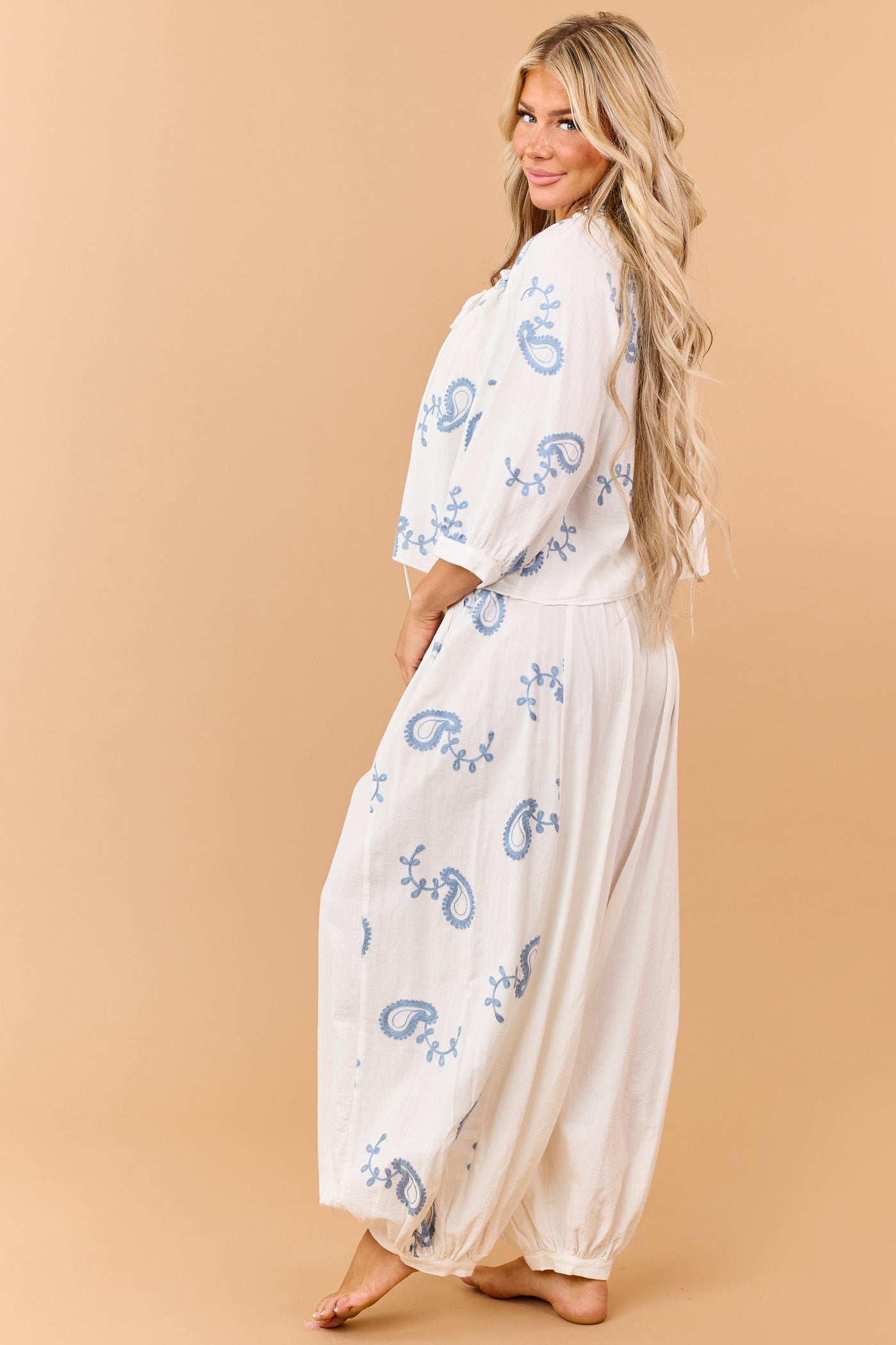 Ivory Cotton Paisley Embroidered Top and Pants Set