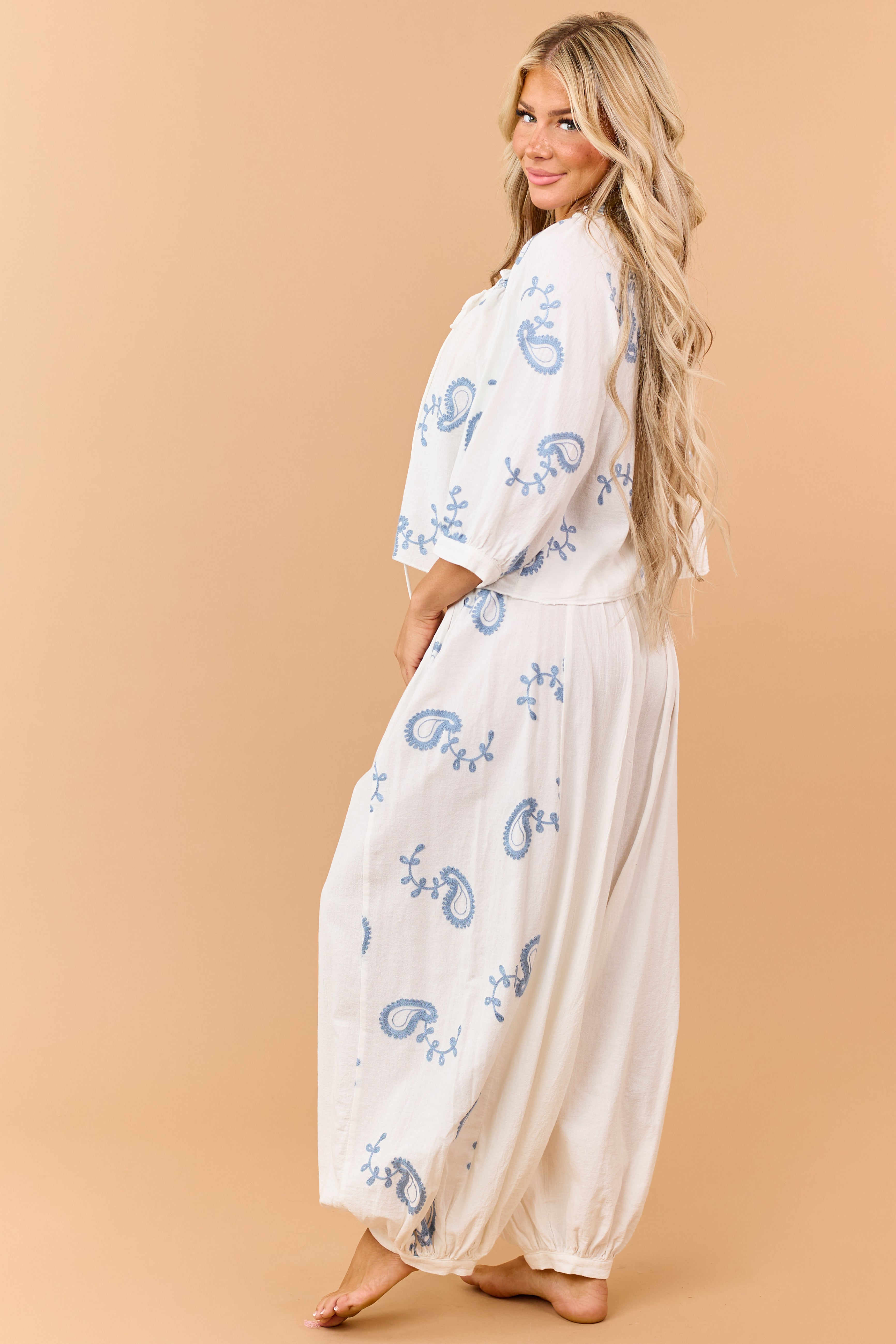 Ivory Cotton Paisley Embroidered Top and Pants Set