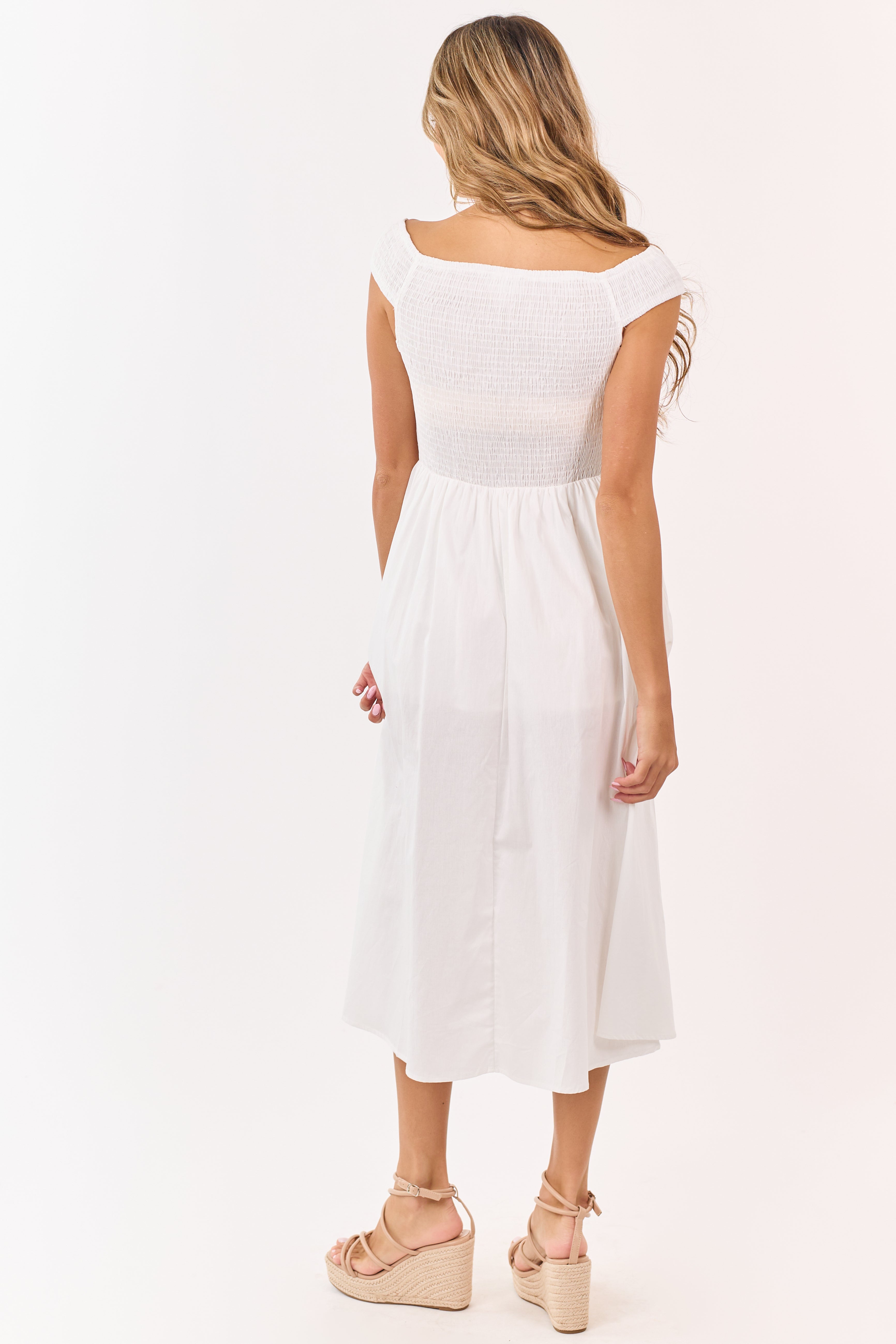 Ivory Cotton Smocked Off Shoulder Midi Dress