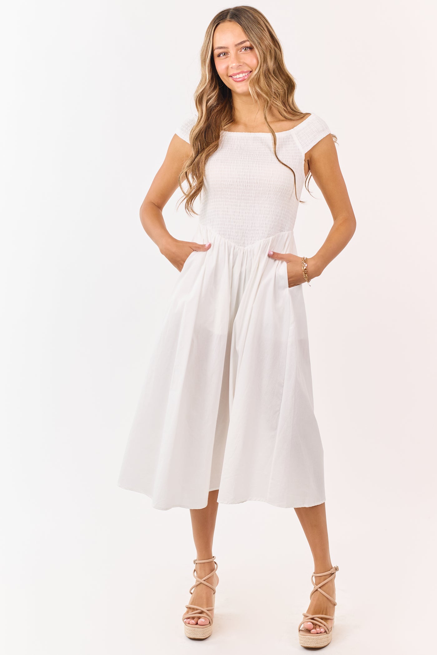 Ivory Cotton Smocked Off Shoulder Midi Dress