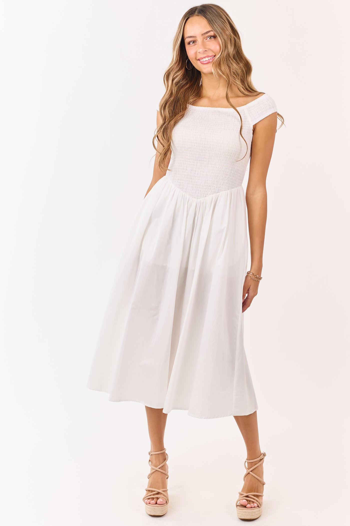 Ivory Cotton Smocked Off Shoulder Midi Dress | Lime Lush Boutique Ivory Cotton Smocked Off Shoulder Midi Dress | Lime Lush Boutique
