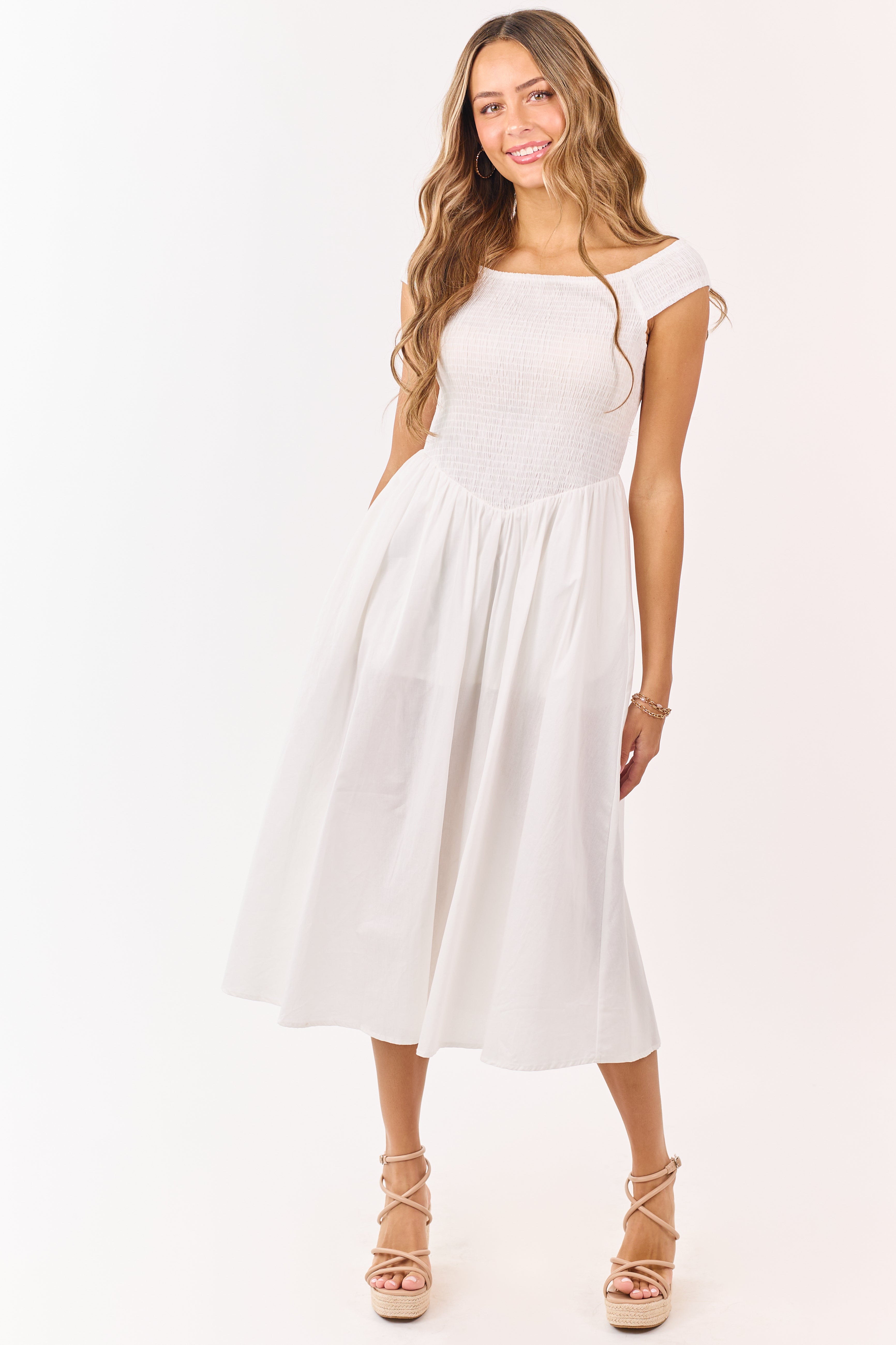 Ivory Cotton Smocked Off Shoulder Midi Dress