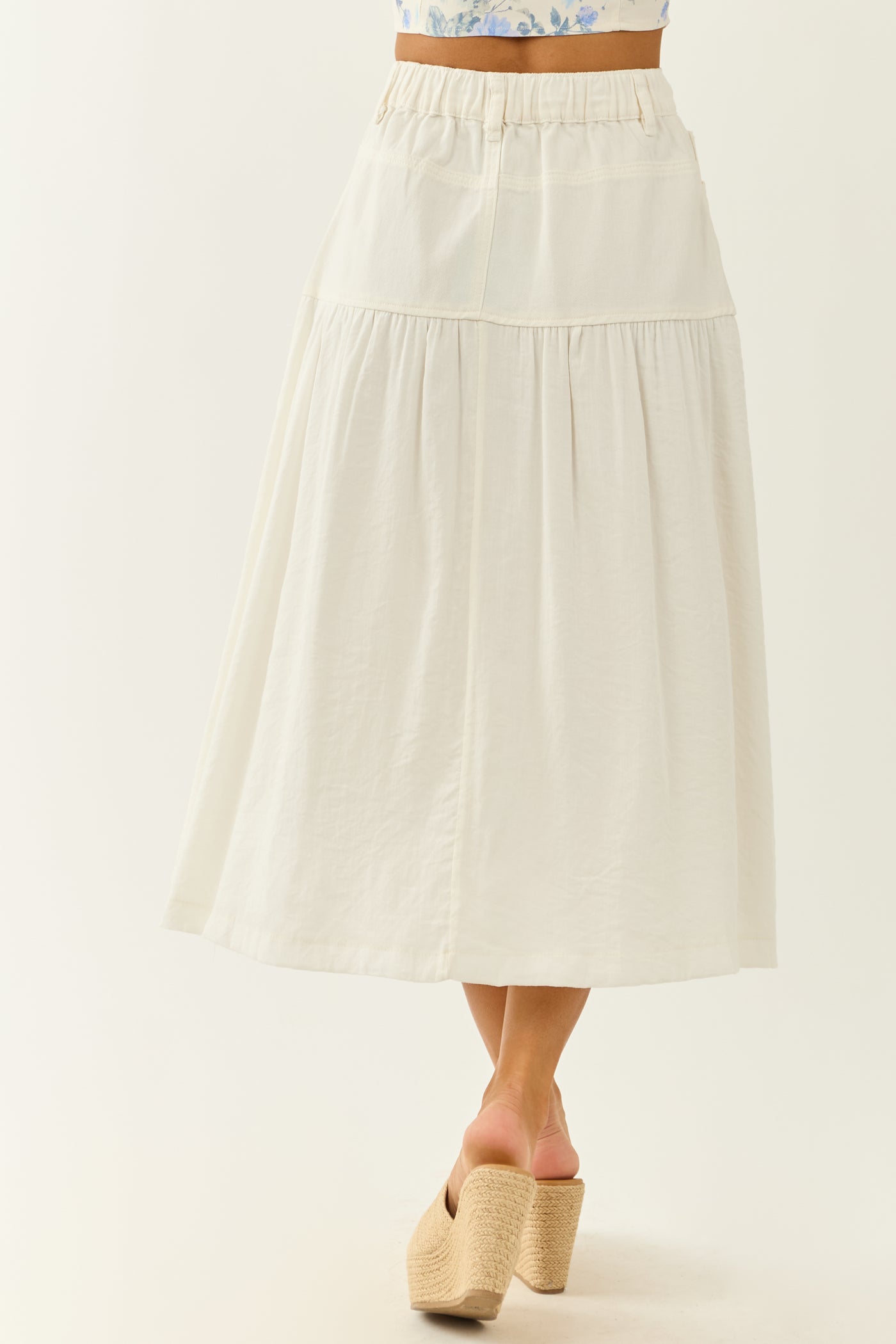 Ivory Denim Contrast Fabric Midi Skirt
