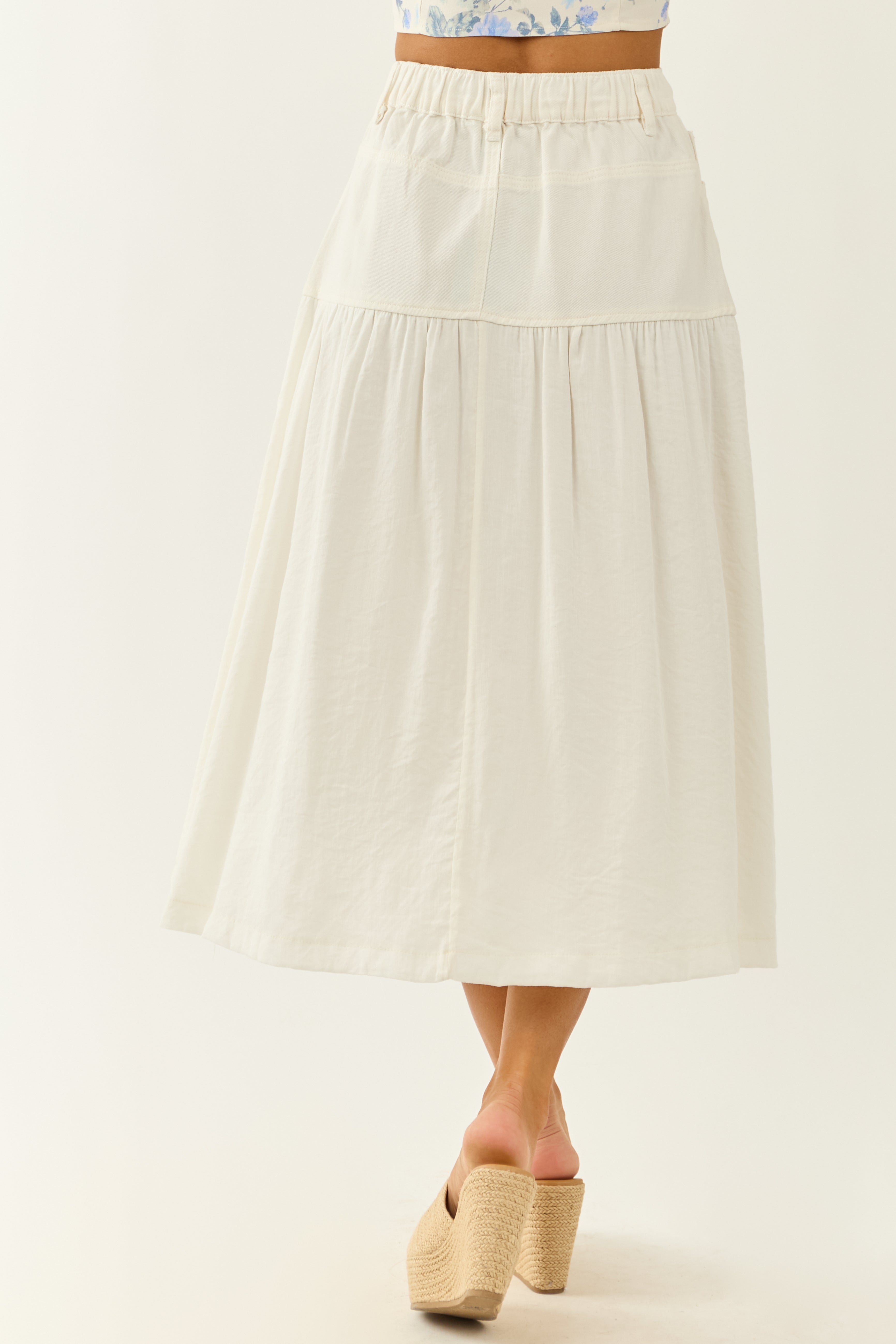 Ivory Denim Contrast Fabric Midi Skirt